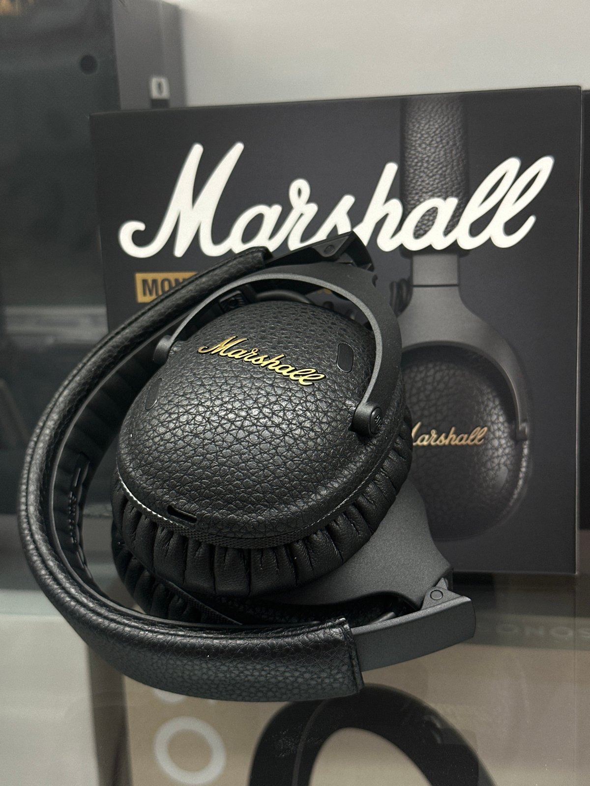 Marshall headphones spotted on glass surface in Sofia