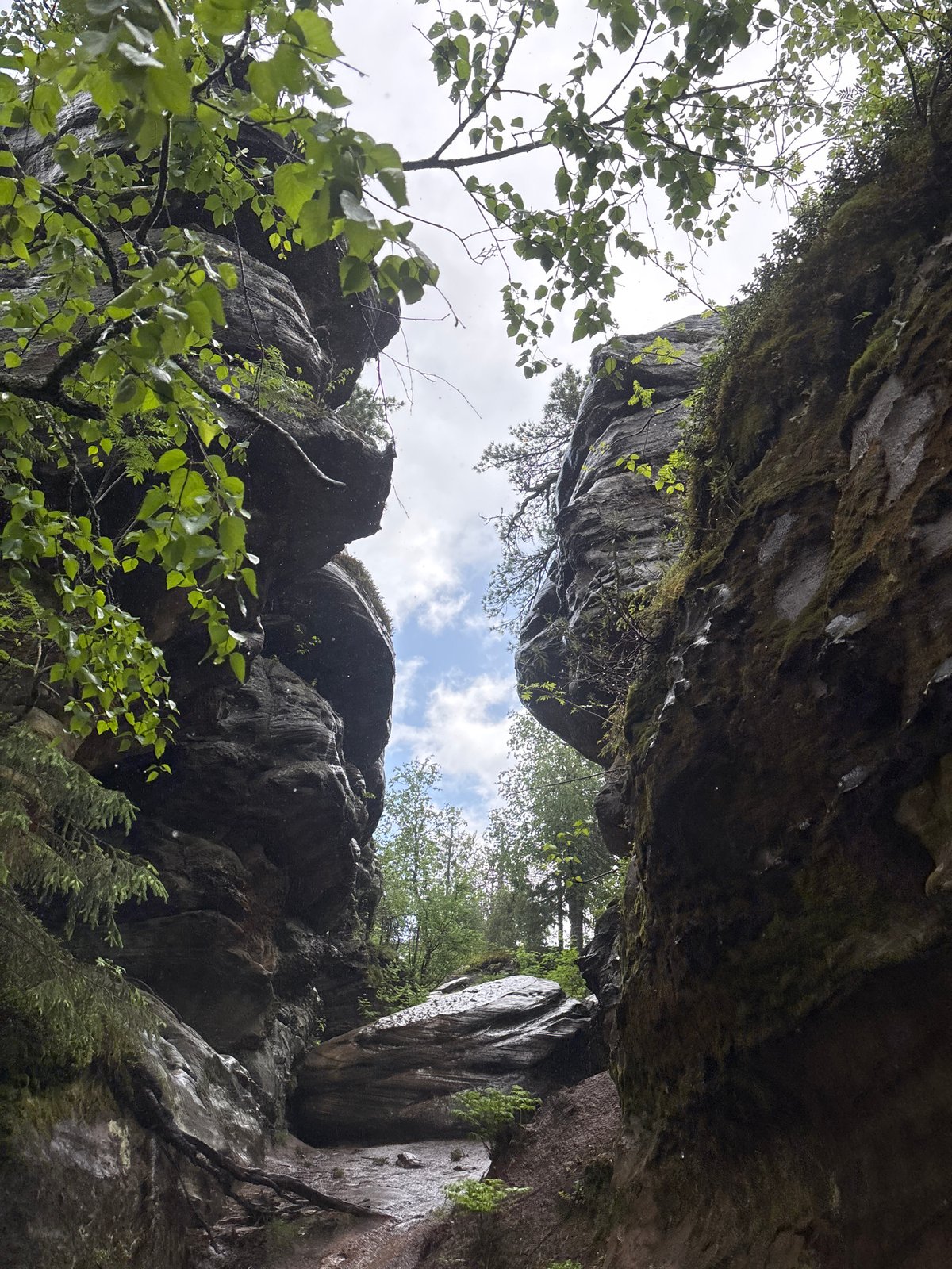 Hikers explore rocky gorge in rainy Shumikhinskii, Russia