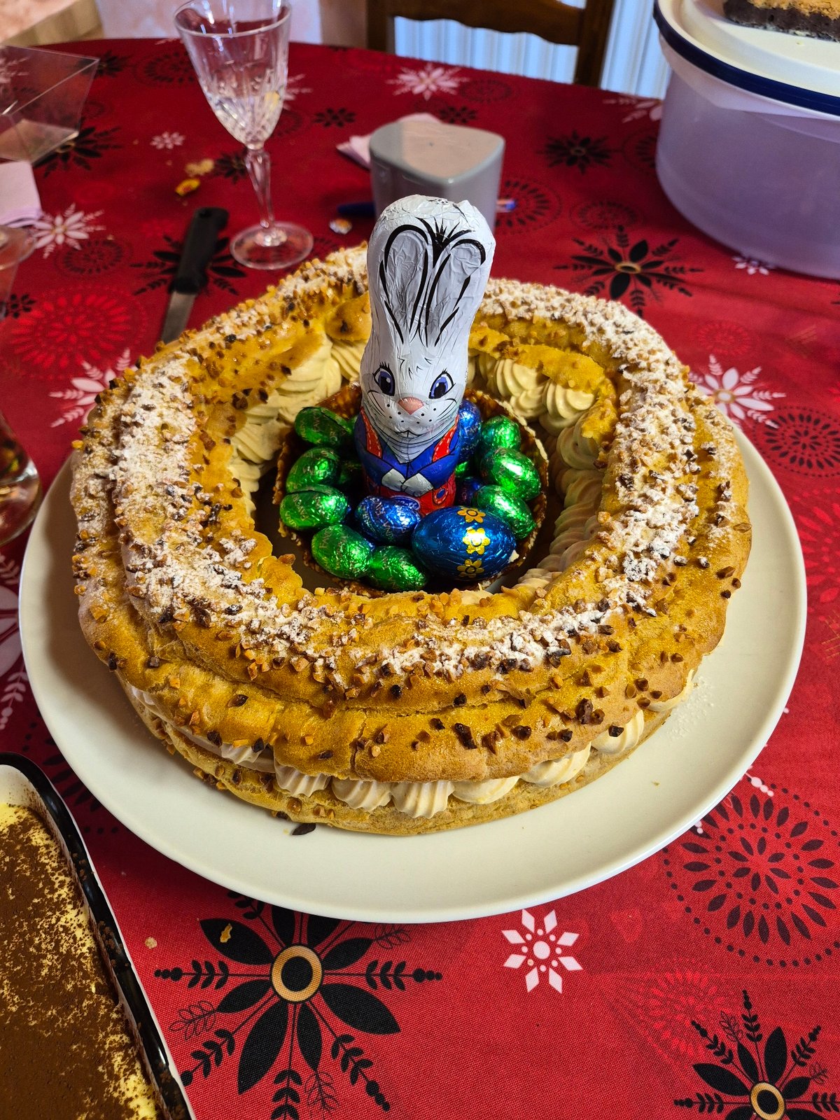 Festive pastry with wrapped chocolate eggs documented in celebration