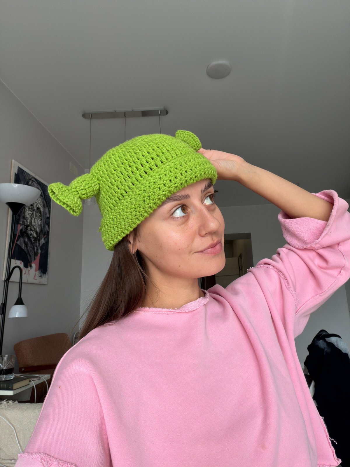 Shrek-ear crochet hat moment, Krasnoyarsk indoors