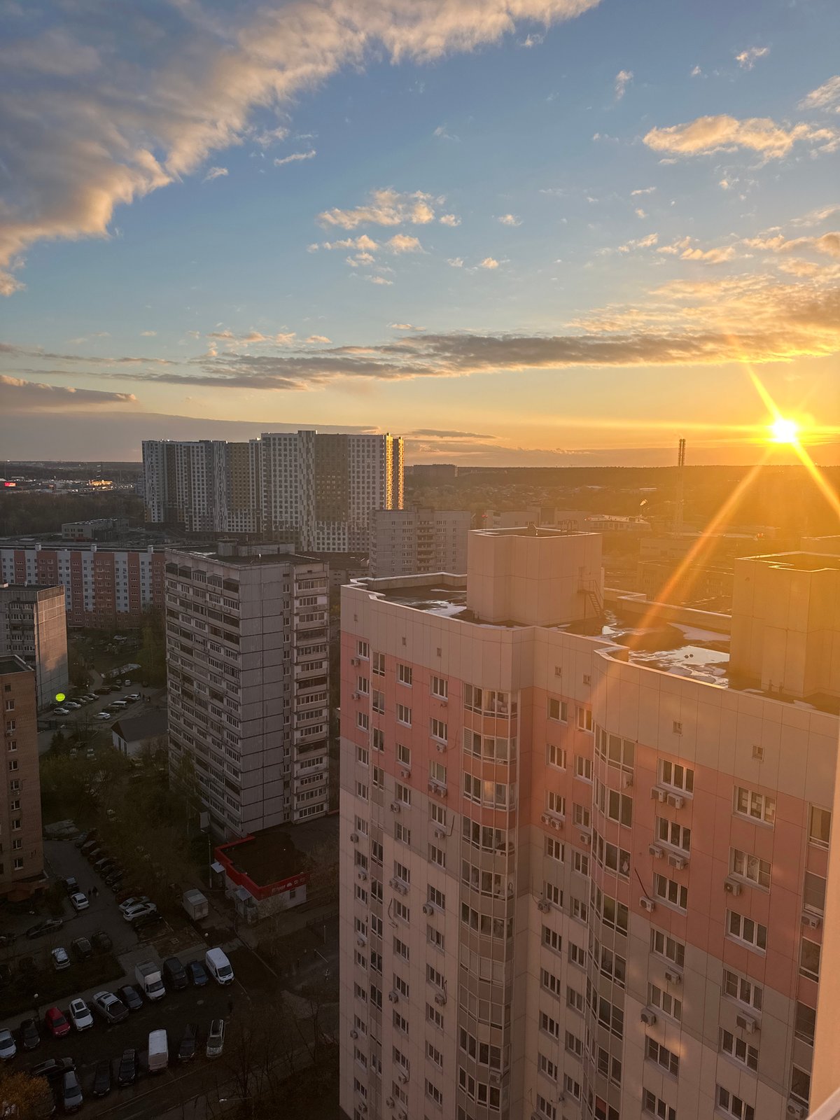 Sunset captured over Otradnoye residential district, Russia