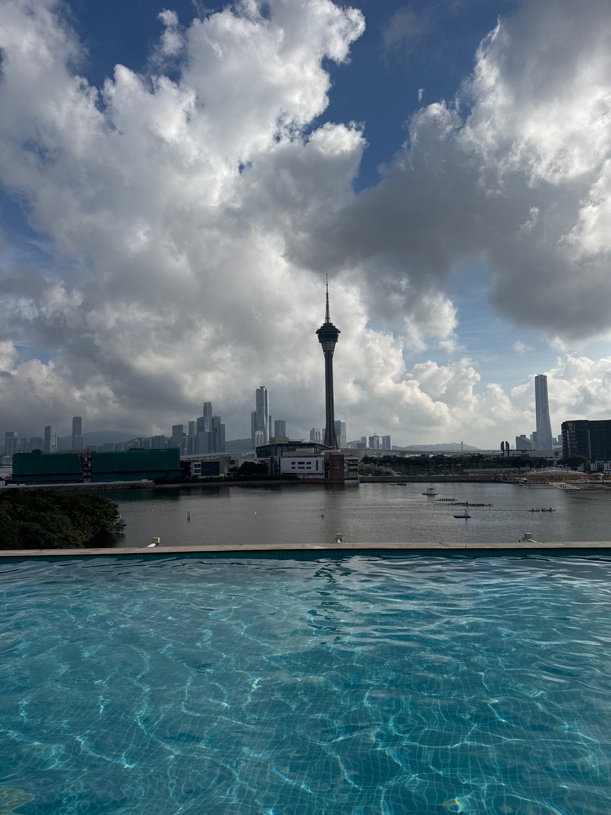 Morning leisure activities captured at Macau rooftop pool venue