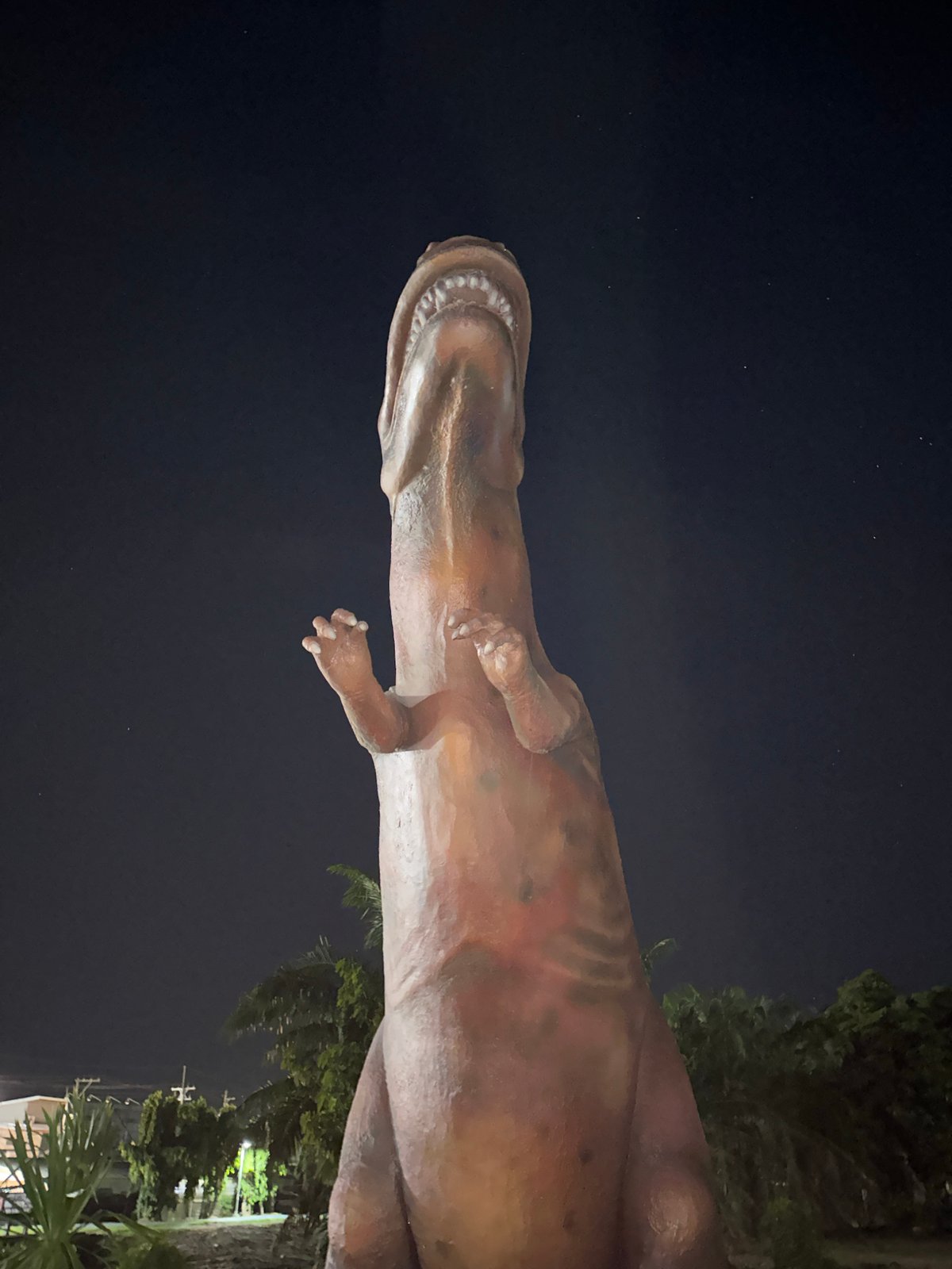 Dinosaur statues and nighttime paths in a Phuket city park