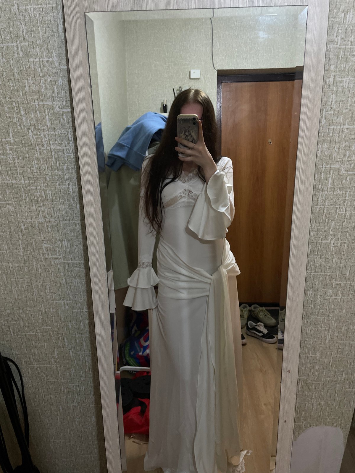 Mirror selfie session in white dress, Votkinsk bedroom