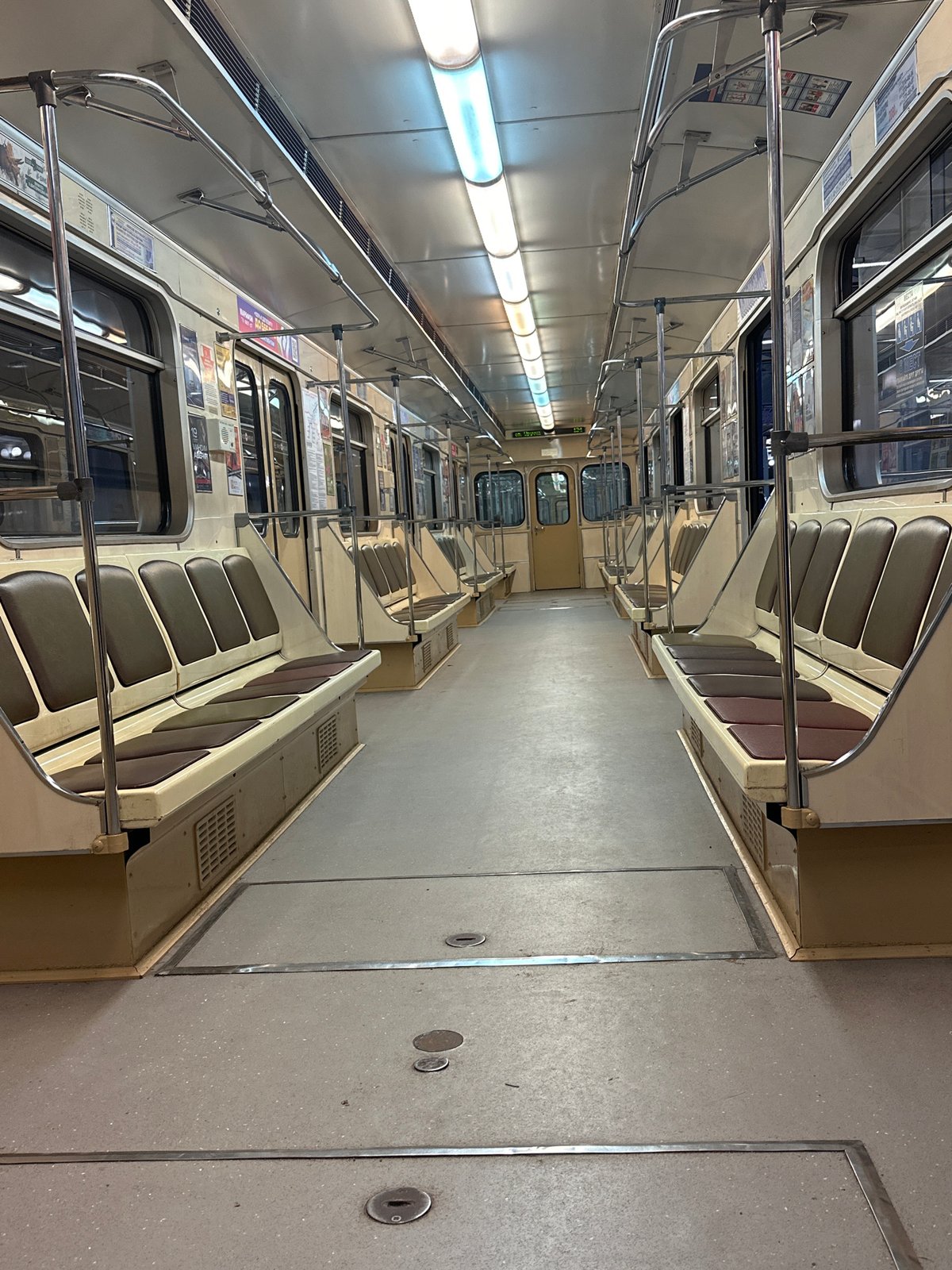 Evening commuter documents empty Minsk subway cars