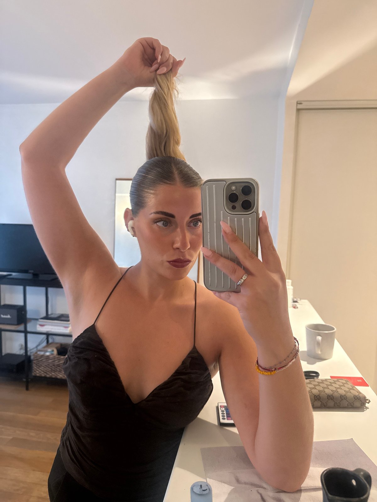 Mirror selfie series in a Paris apartment, evening outfit check