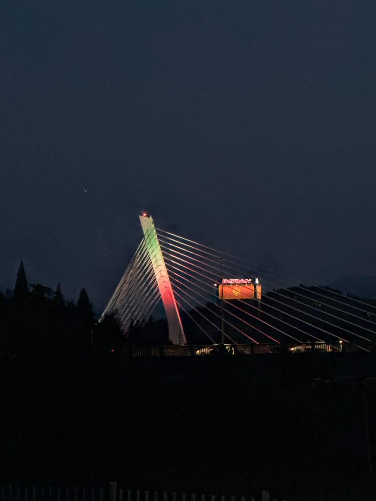 Millennium Bridge displays green-red lights in Podgorica nighttime scene