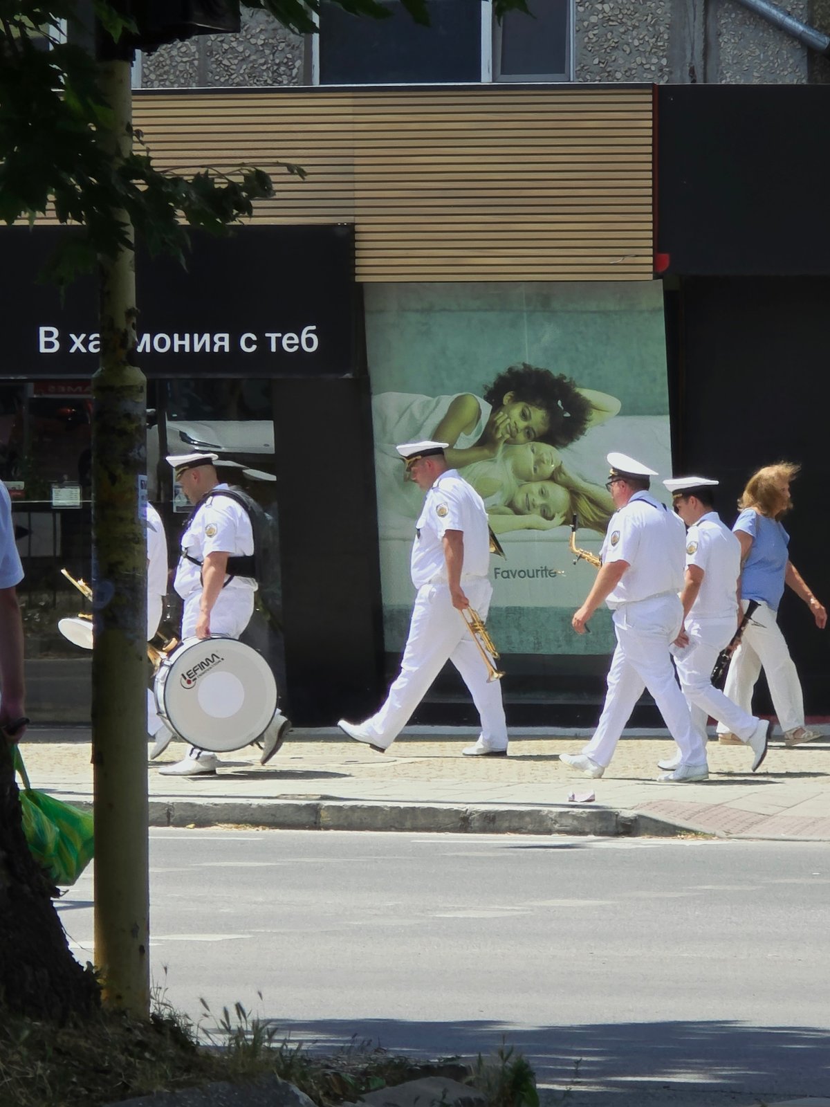 Naval brass band parades through central Varna, Bulgaria