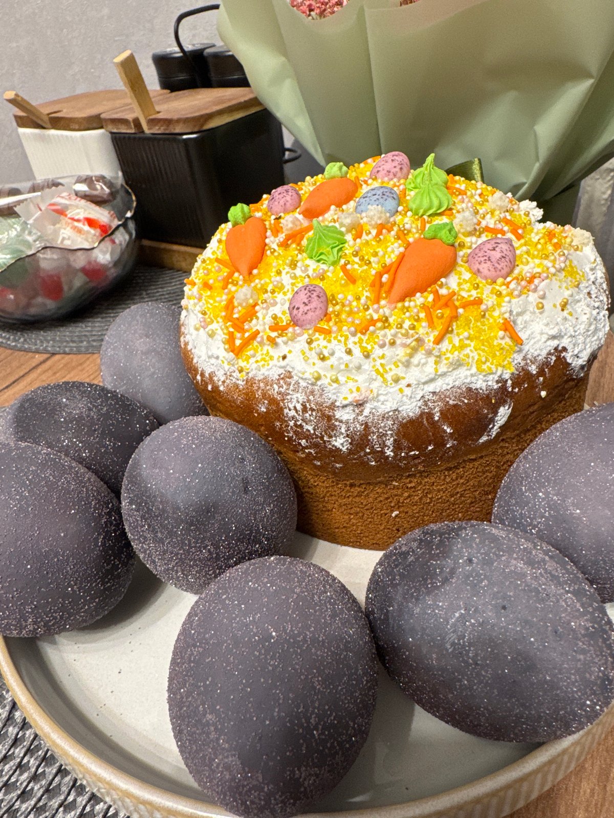 Easter preparations documented in Yakhroma with decorated cake and eggs