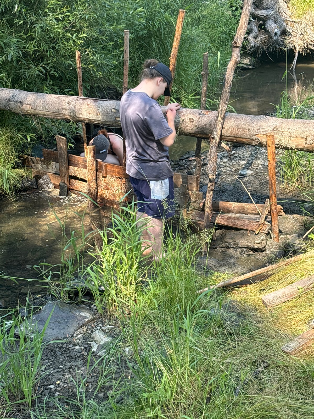 Hands-on work beside a log-bridged stream in rural Czechia