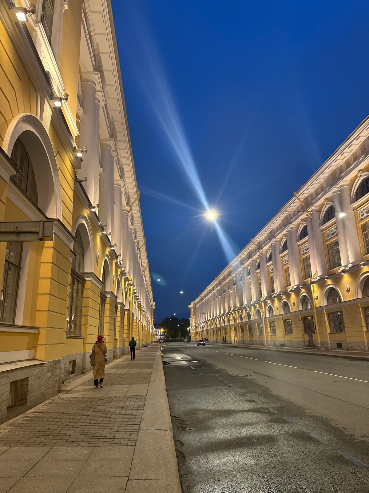 Classical buildings illuminated at dusk in Saint Petersburg