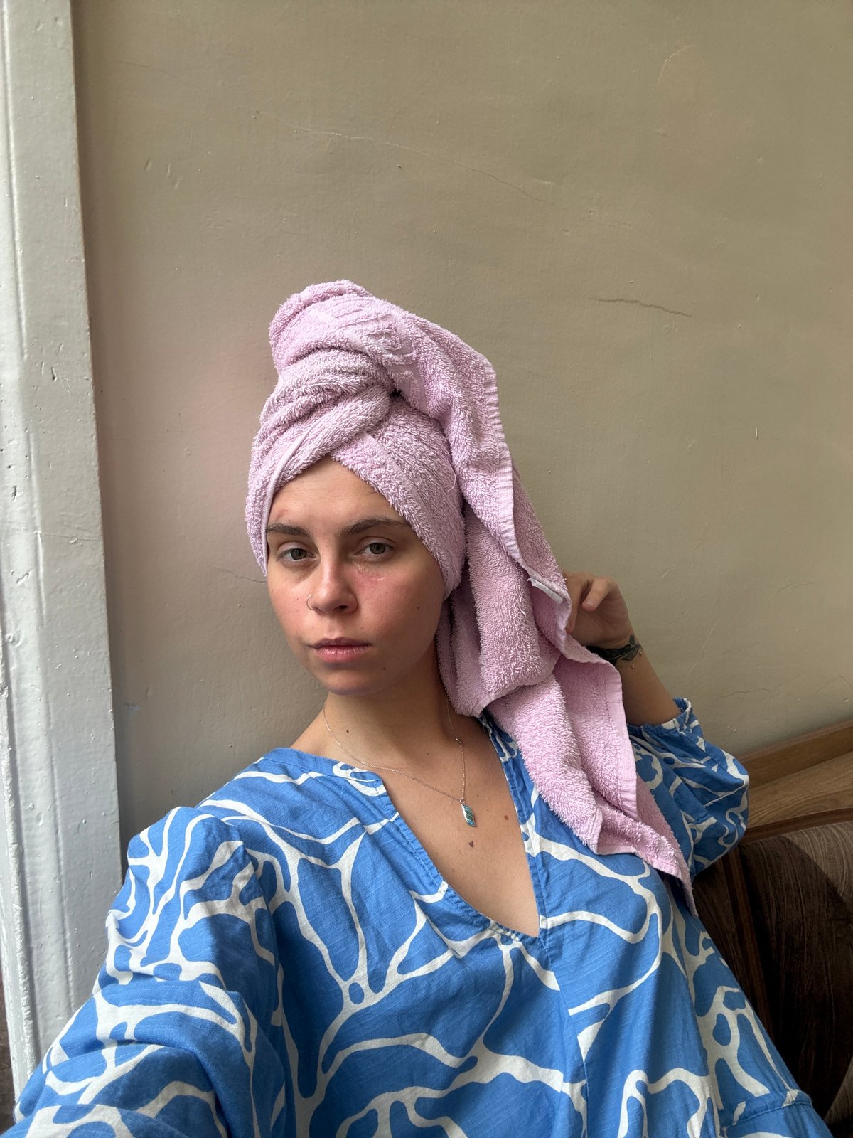 Post-shower moment in a Tbilisi apartment
