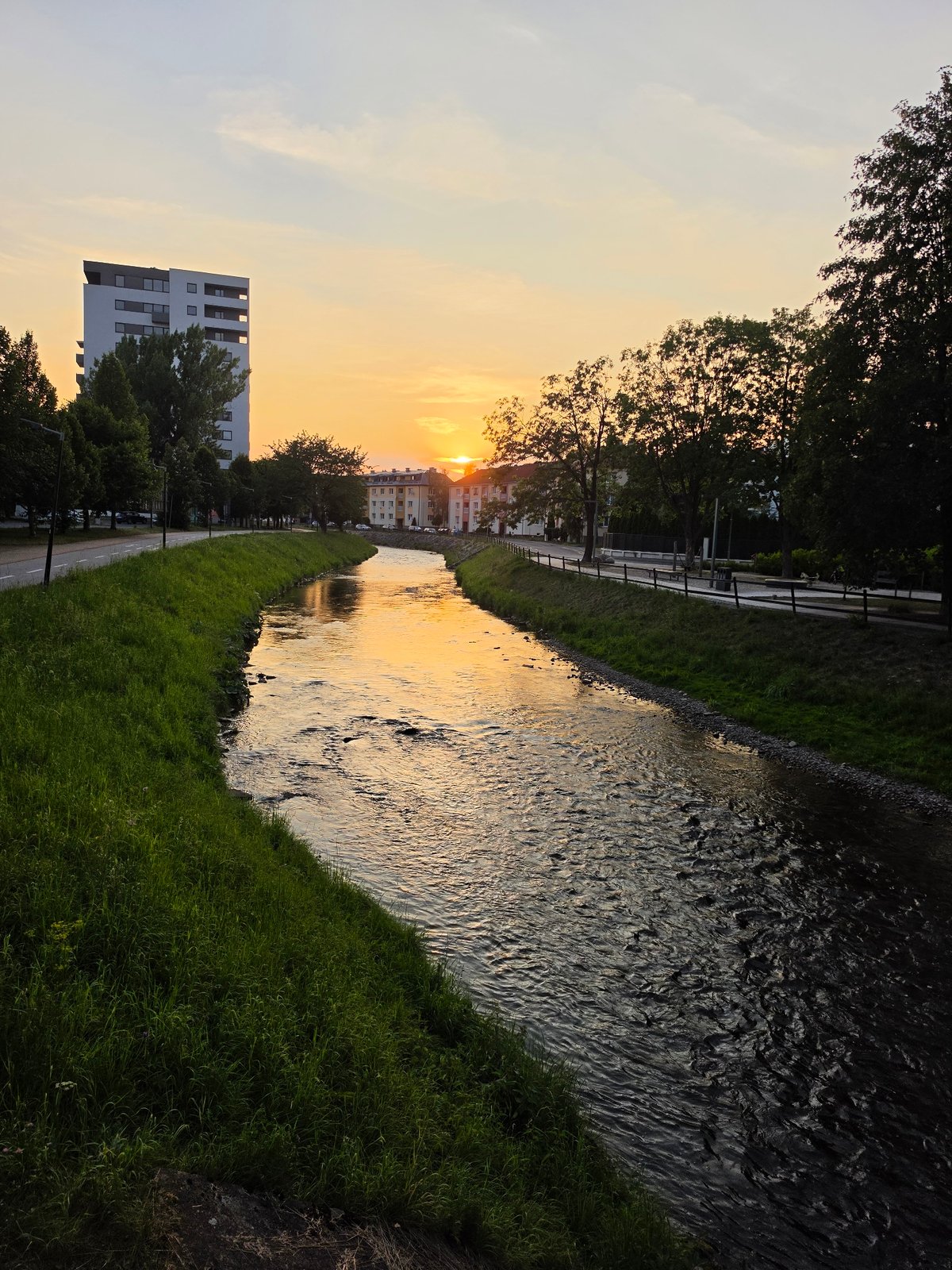 Canal, flowers, and apartment streets at golden hour