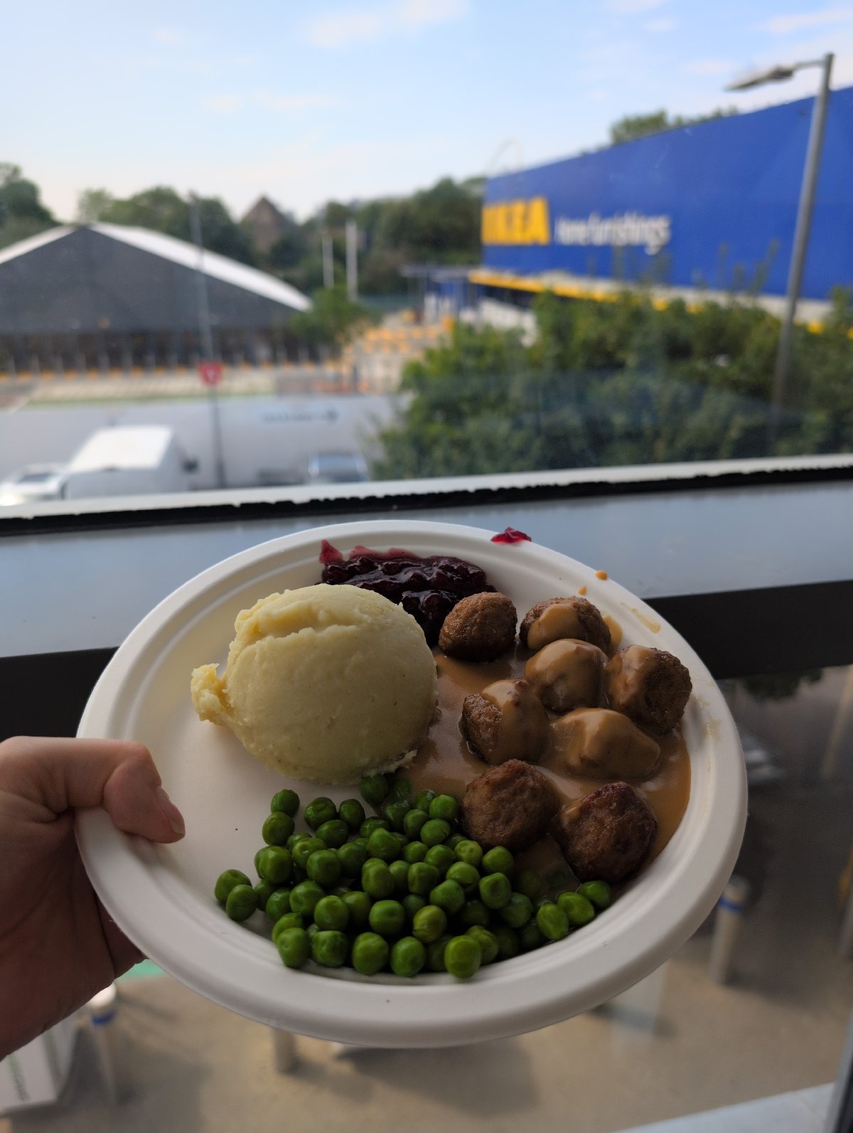 IKEA meatball plate, held up for a close look.