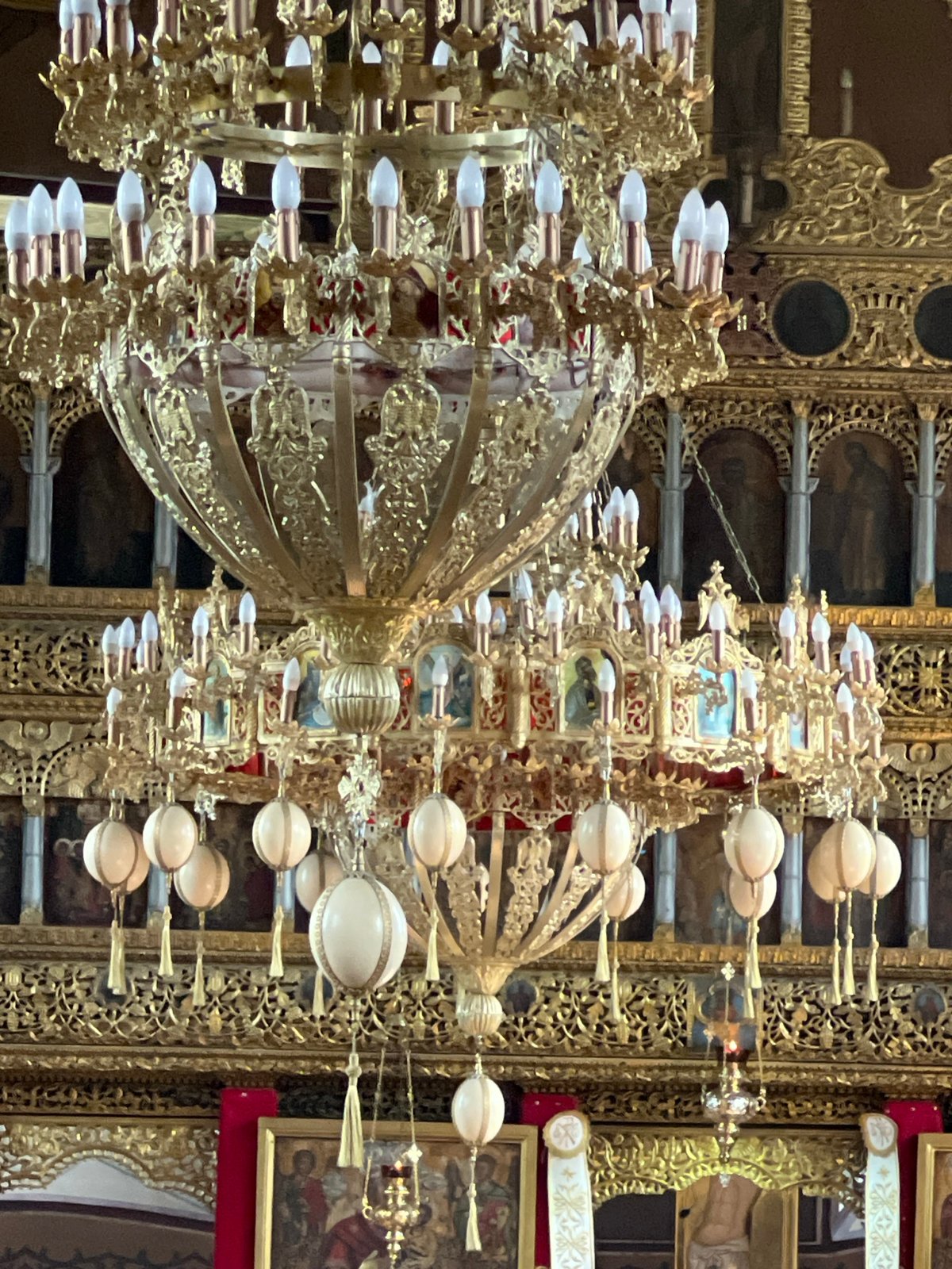 Inside an ornate Orthodox church, architecture and decoration up close