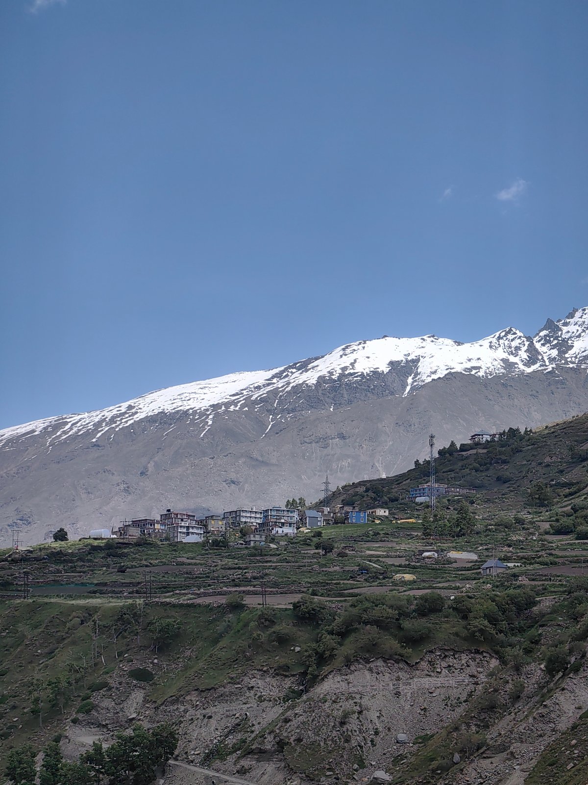 Himalayan village life: terraced fields, river valley, and snowy peaks