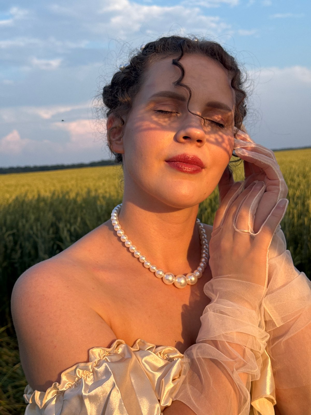 Pearl-adorned portraits from a formal shoot in rural Russia