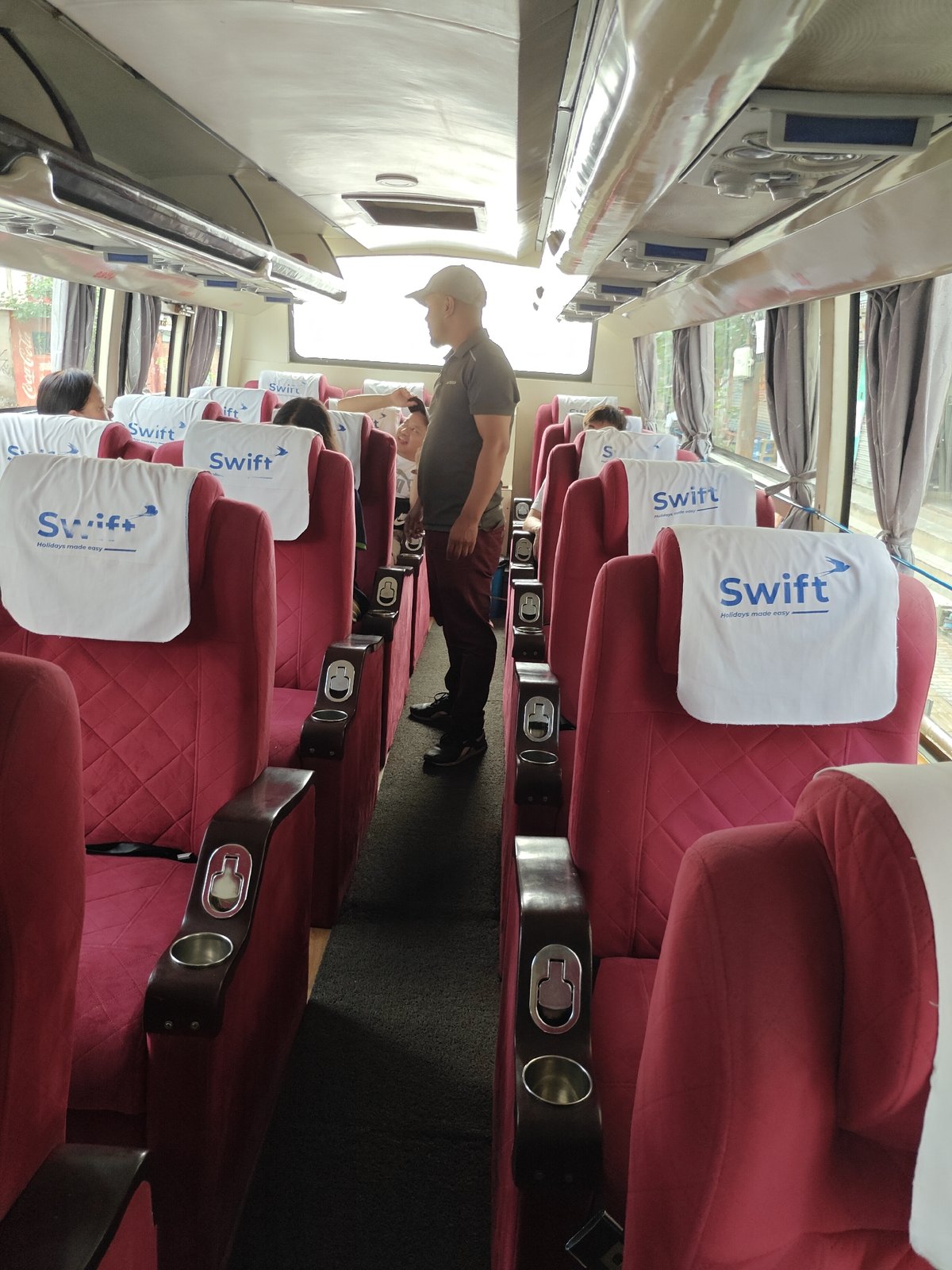 Bus interior and street-level moment in Kathmandu
