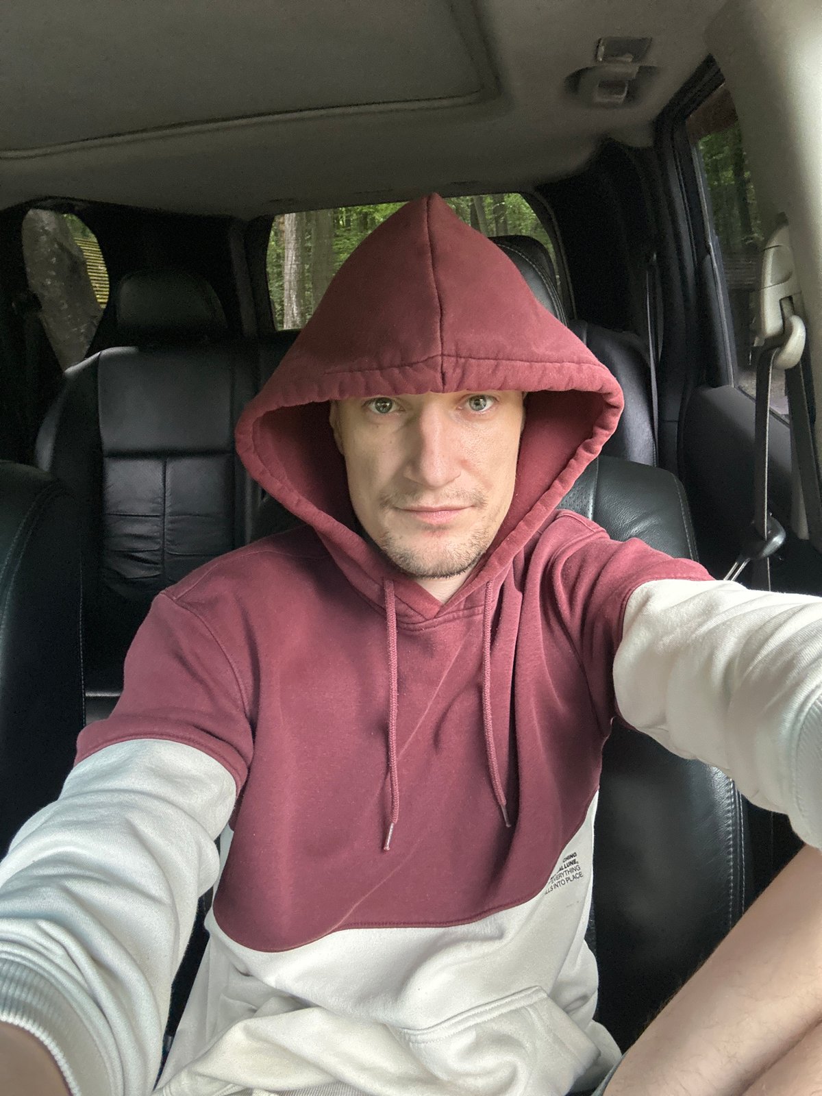 Live streaming from a parked car near a wooded rest area in Shatava