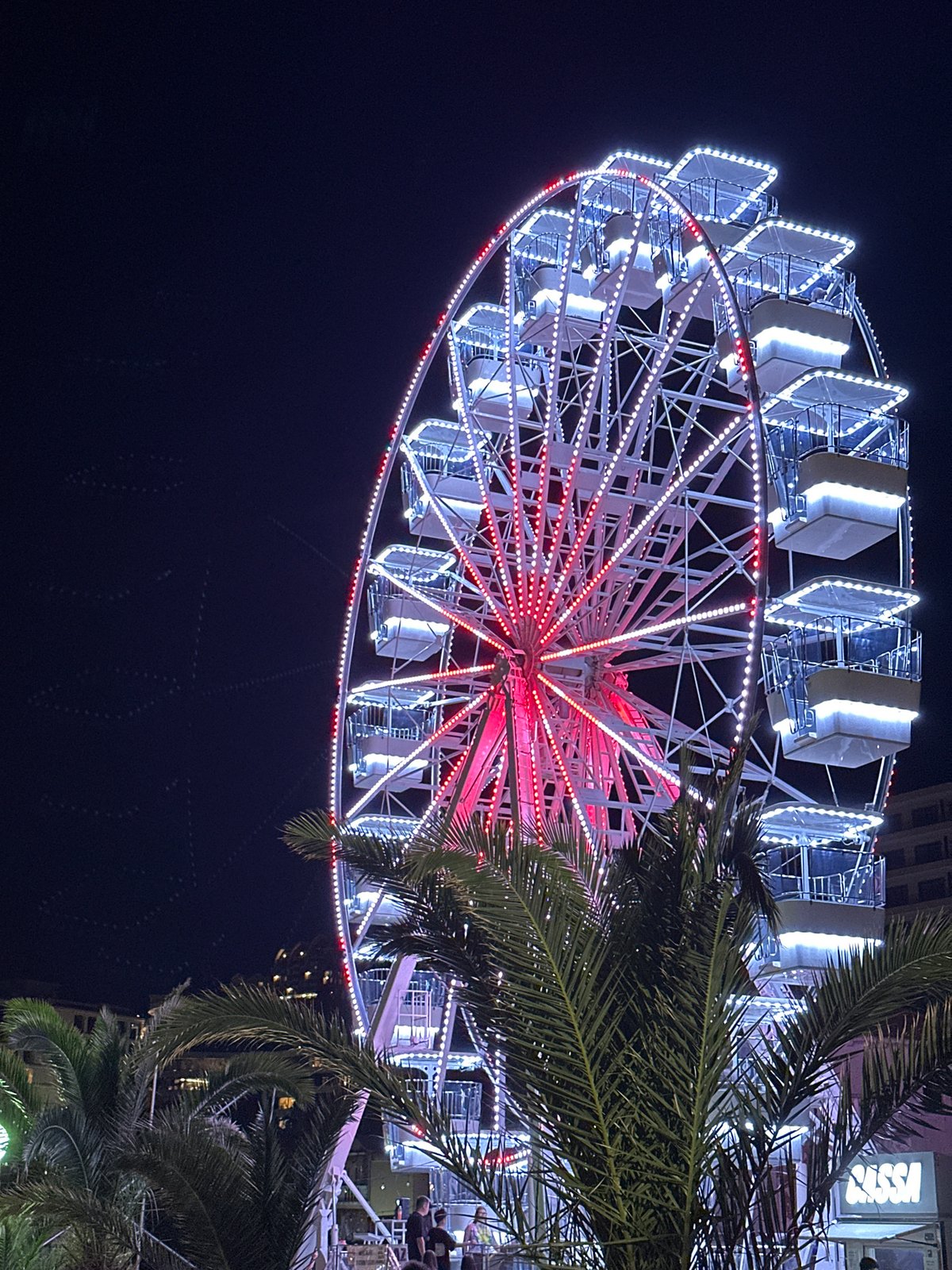 Budva promenade at night: Ferris wheel, crowds, and seashells