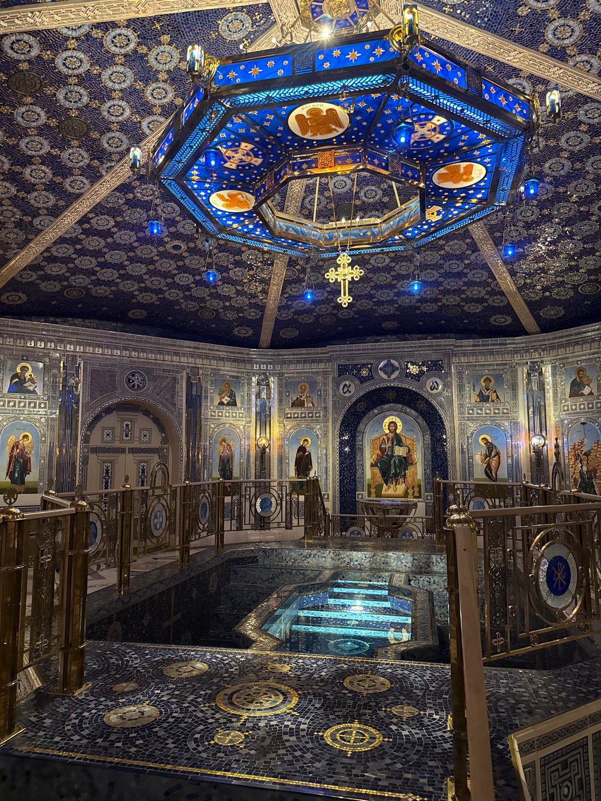 Orthodox church interior, blue and gold mosaics, Zelenaya Roshcha