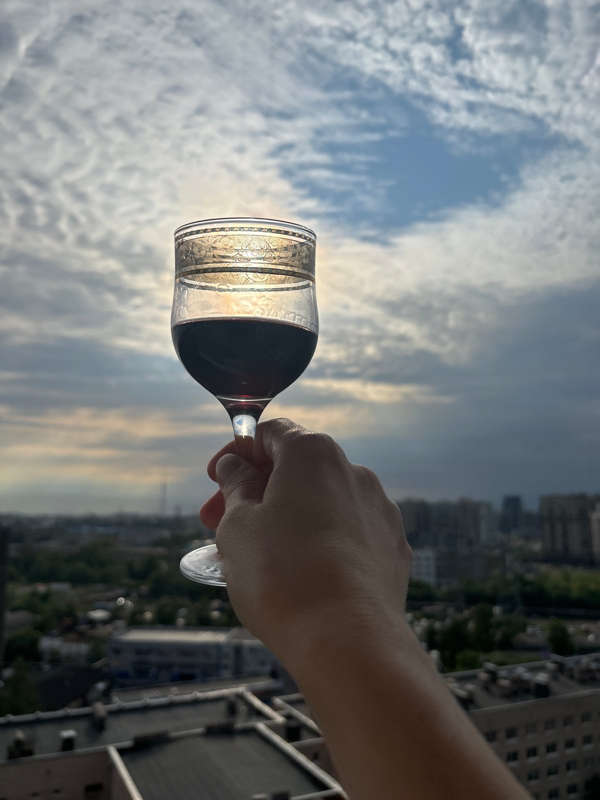 Woman documents wine-drinking afternoon on Russian balcony with city views