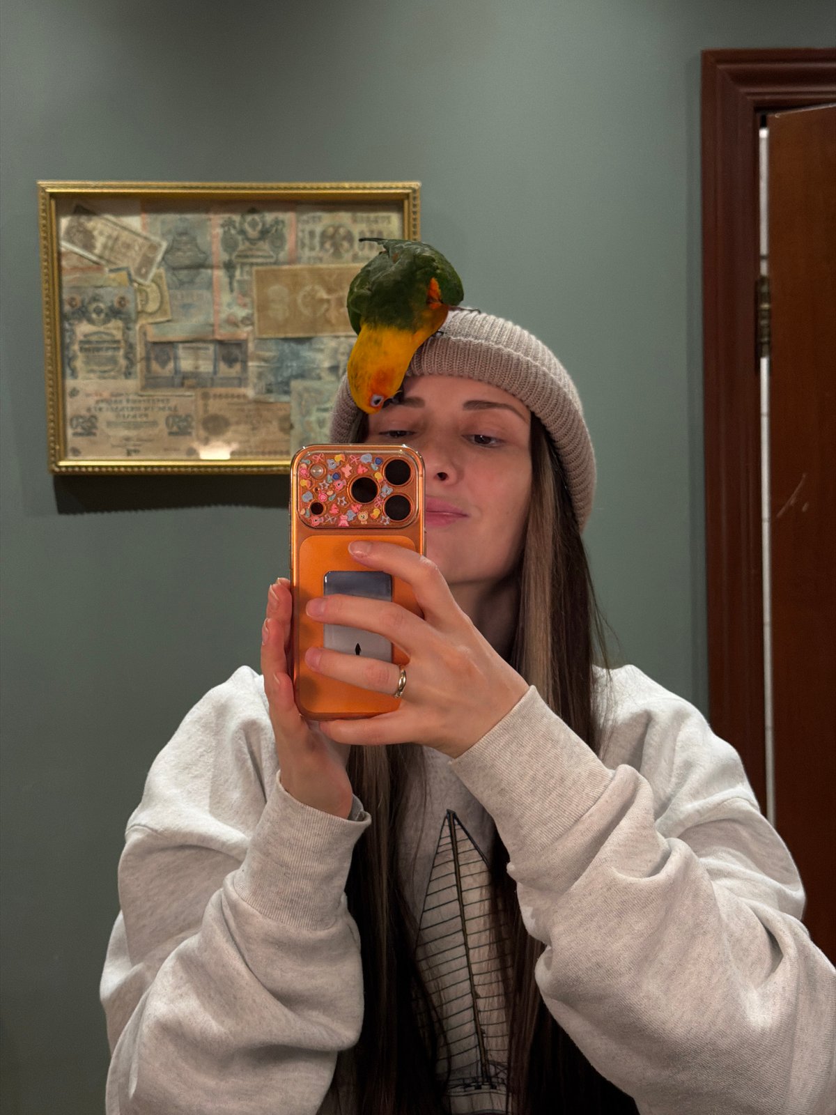Woman takes selfies with parrot perched on beanie
