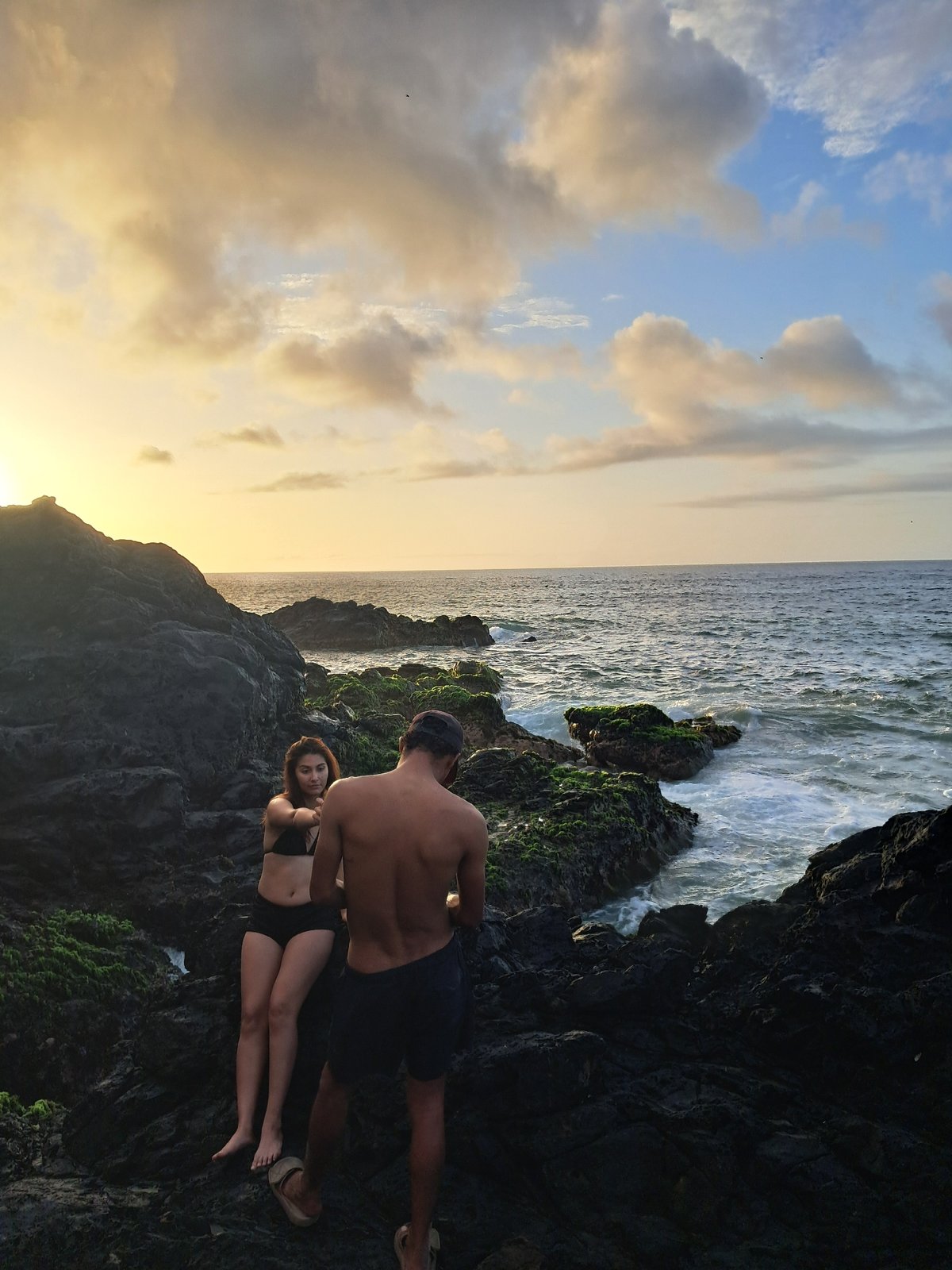 Sunset on the rocks at Pedro González's rugged coastline
