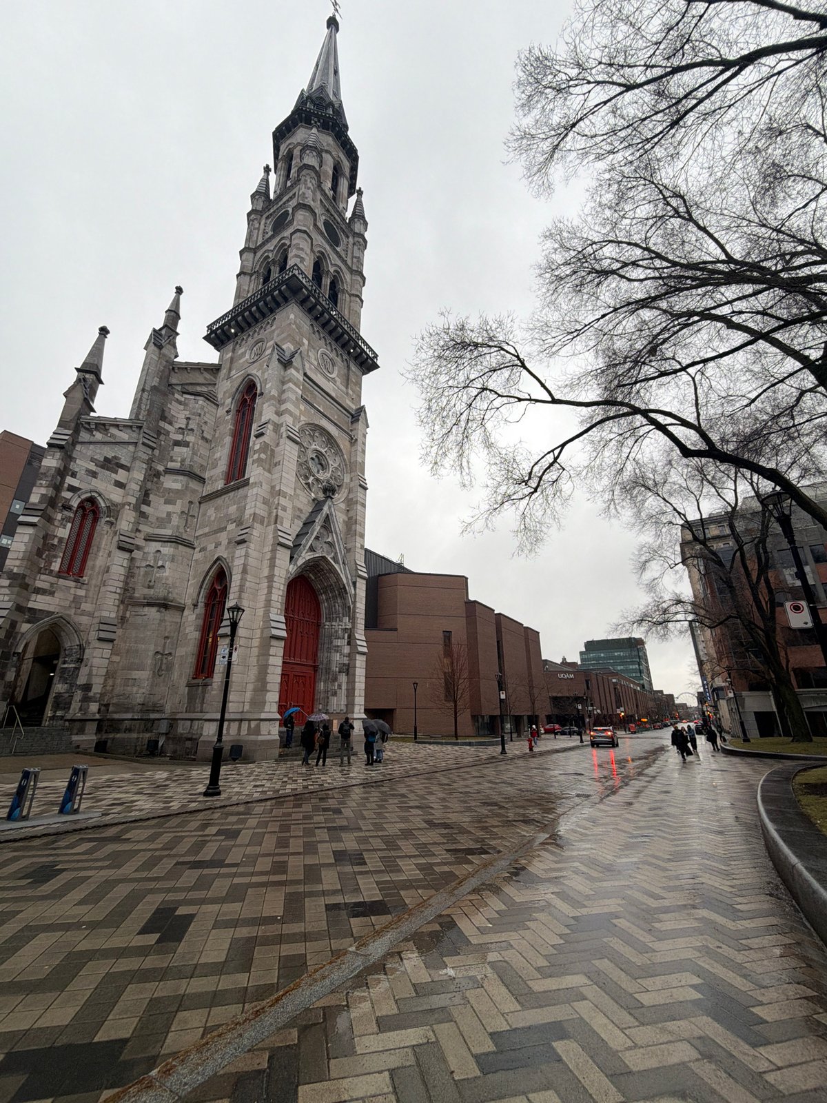 Montreal evening captures church exterior and transit station escalator