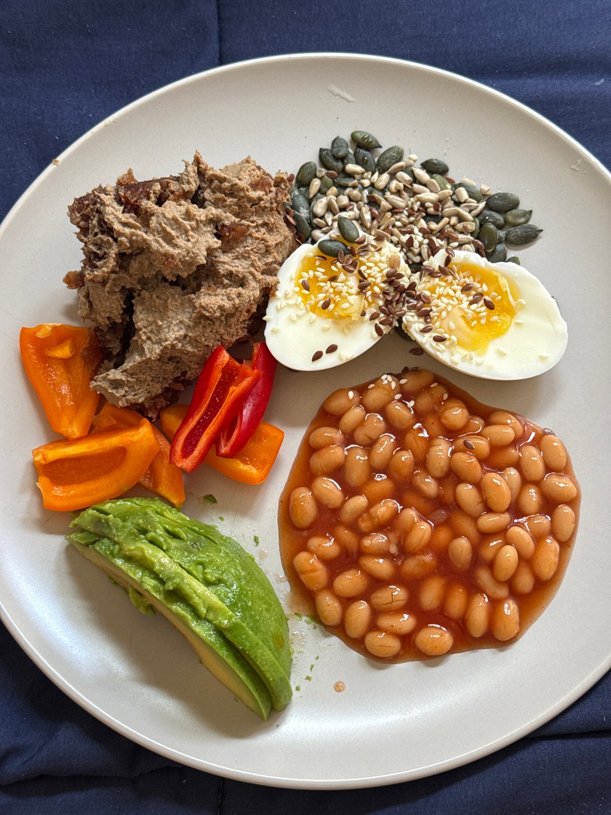 Tel Aviv breakfast plate documented with egg, vegetables, pate