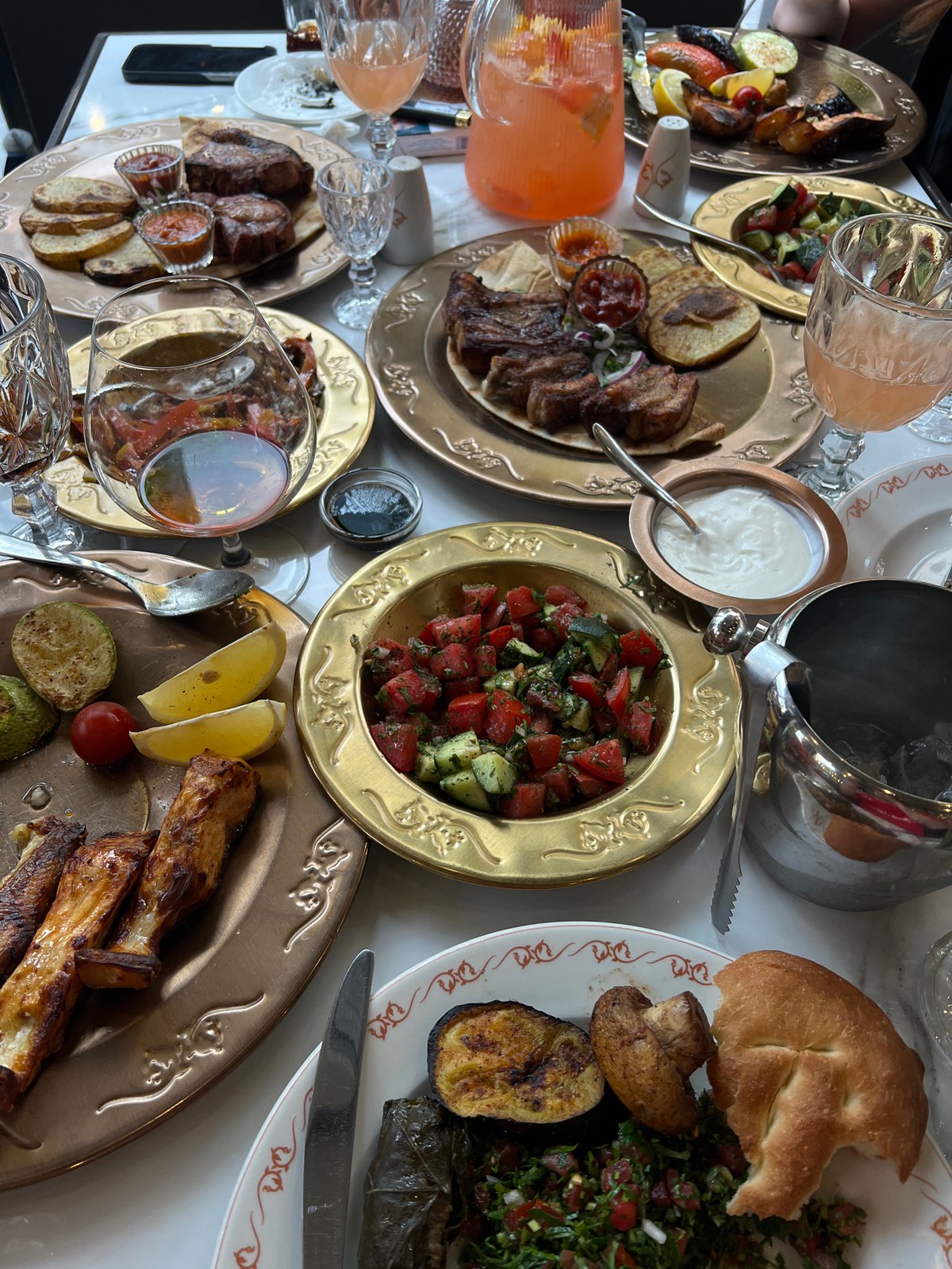 Restaurant meal spread in Yerevan features Mediterranean cuisine