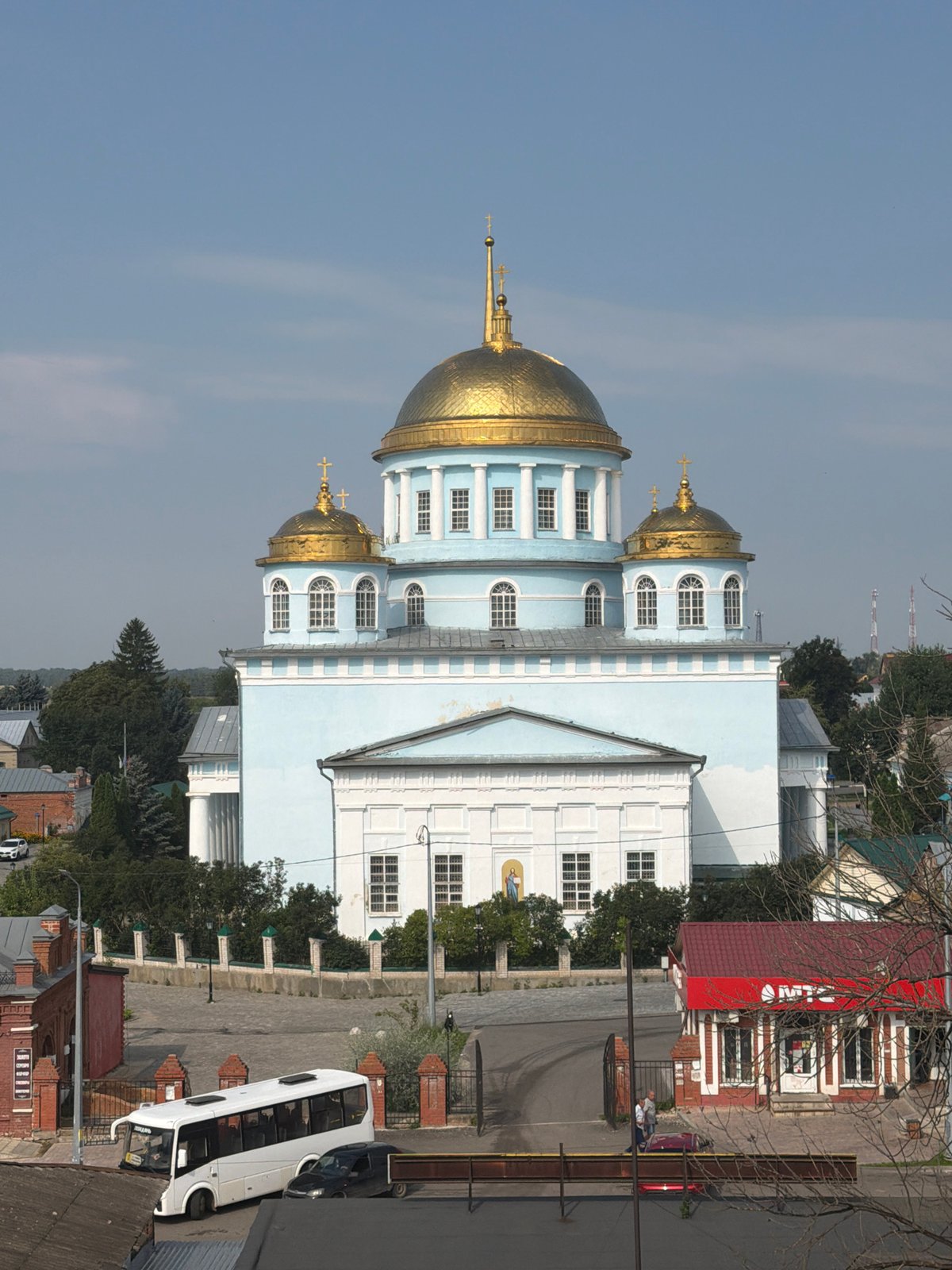 Cathedral exterior and quirky taxidermy décor in Lebedyan, Russia