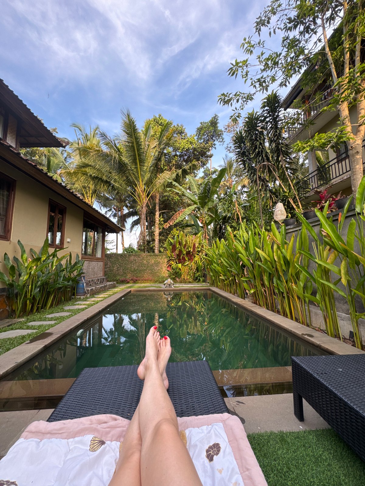 Morning relaxation at tropical resort in Ubud, Indonesia