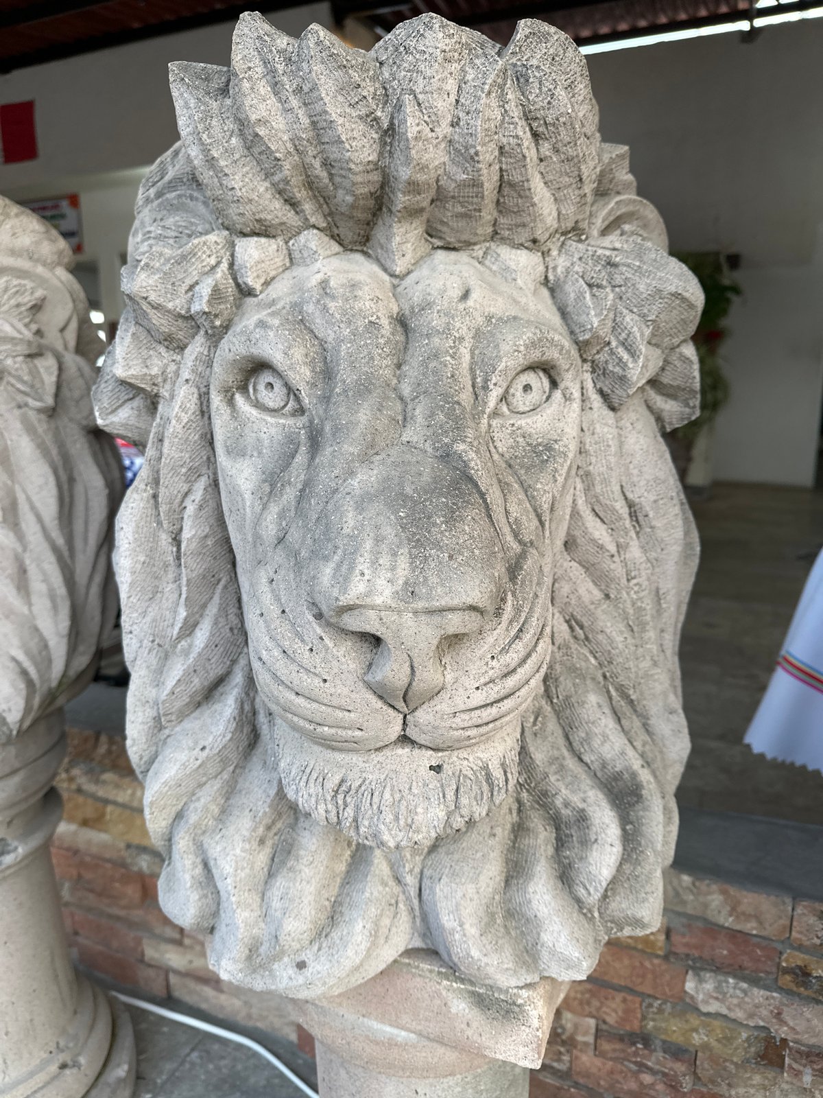 Decorative stone lion sculpture, ceramic plates documented in Mexico