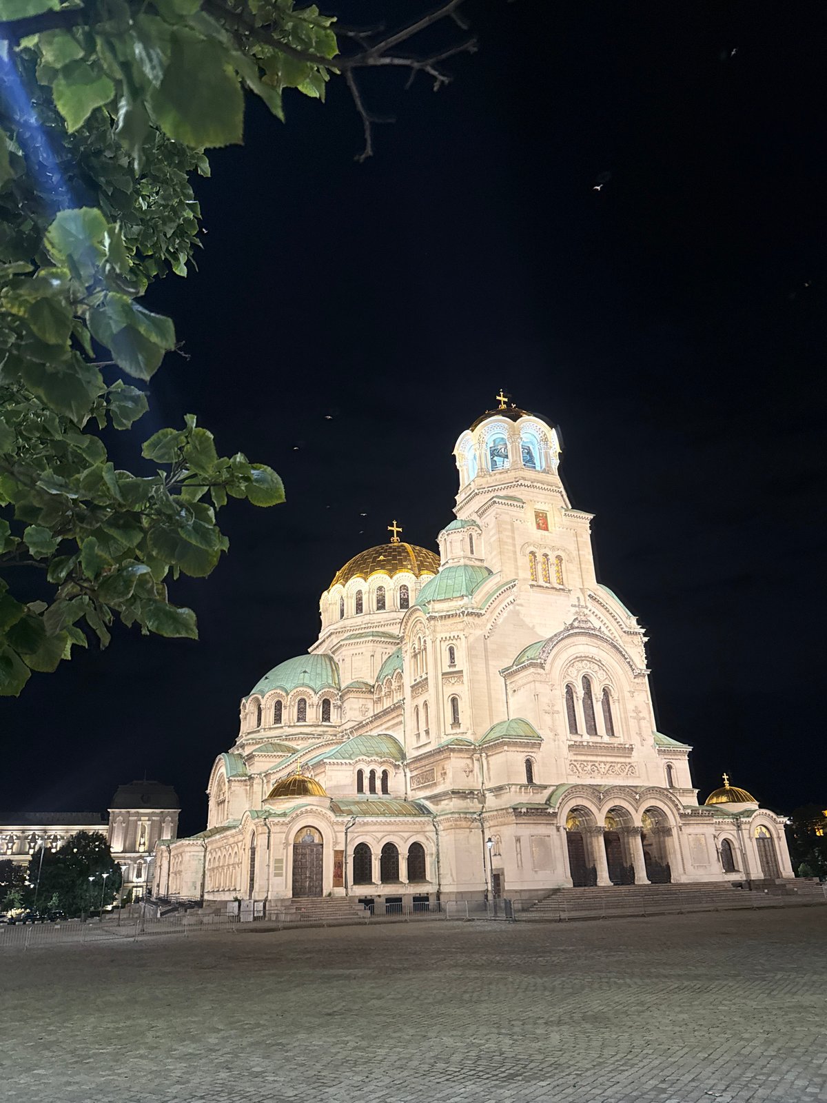 Sofia's Alexander Nevsky Cathedral lit up on a June night