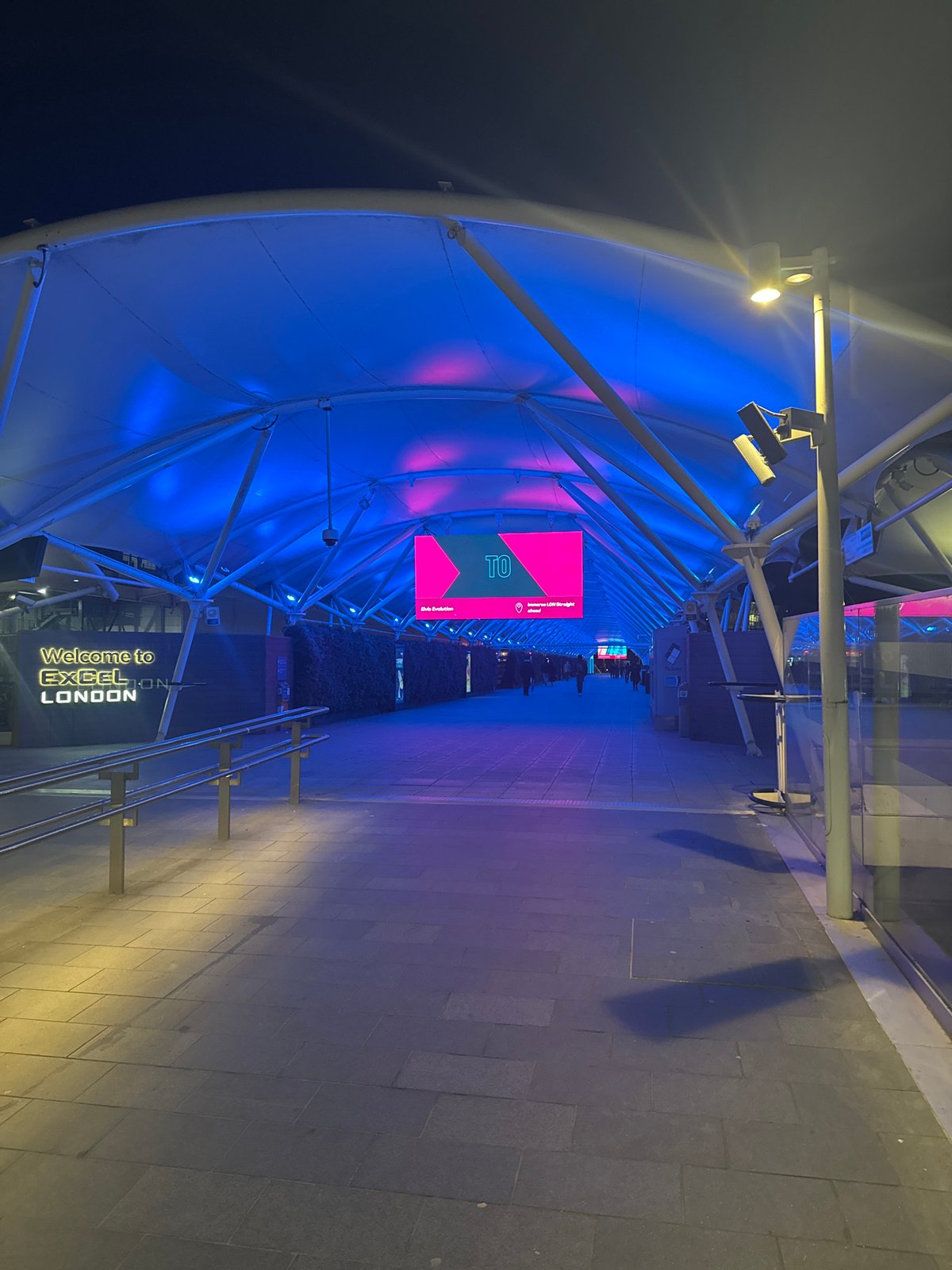 ExCeL London exhibition centre entrance photographed at night