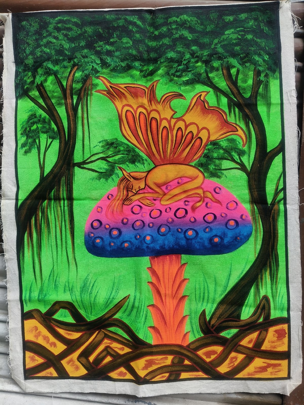 Surreal painting of a winged creature asleep on a vibrant mushroom
