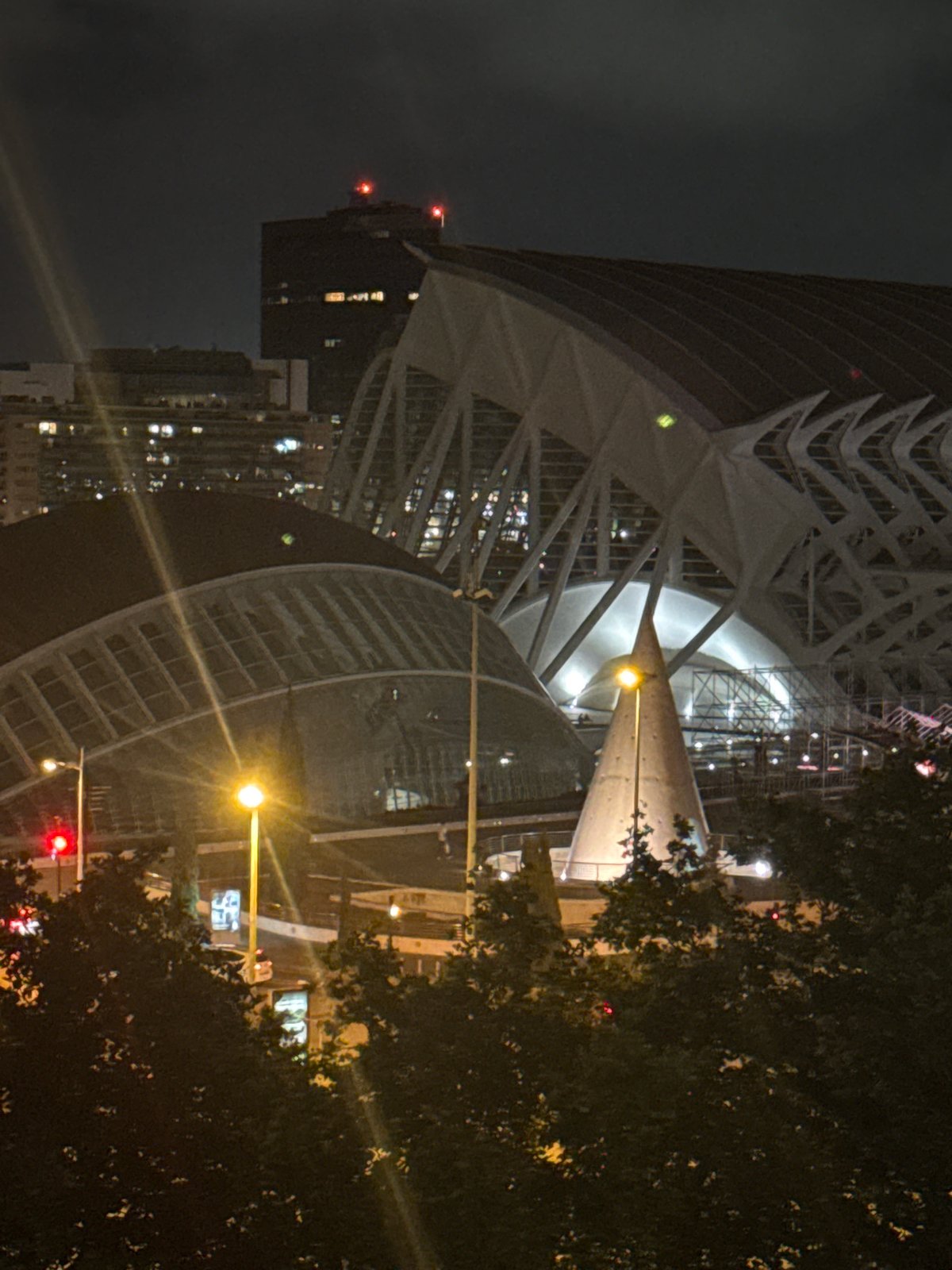 Nighttime photography captures illuminated Valencia Arts and Sciences complex