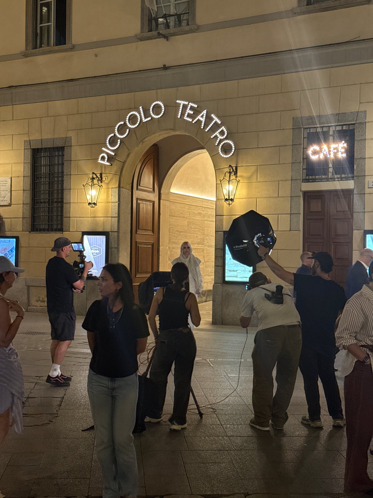 Nighttime photoshoot outside Piccolo Teatro, Milan