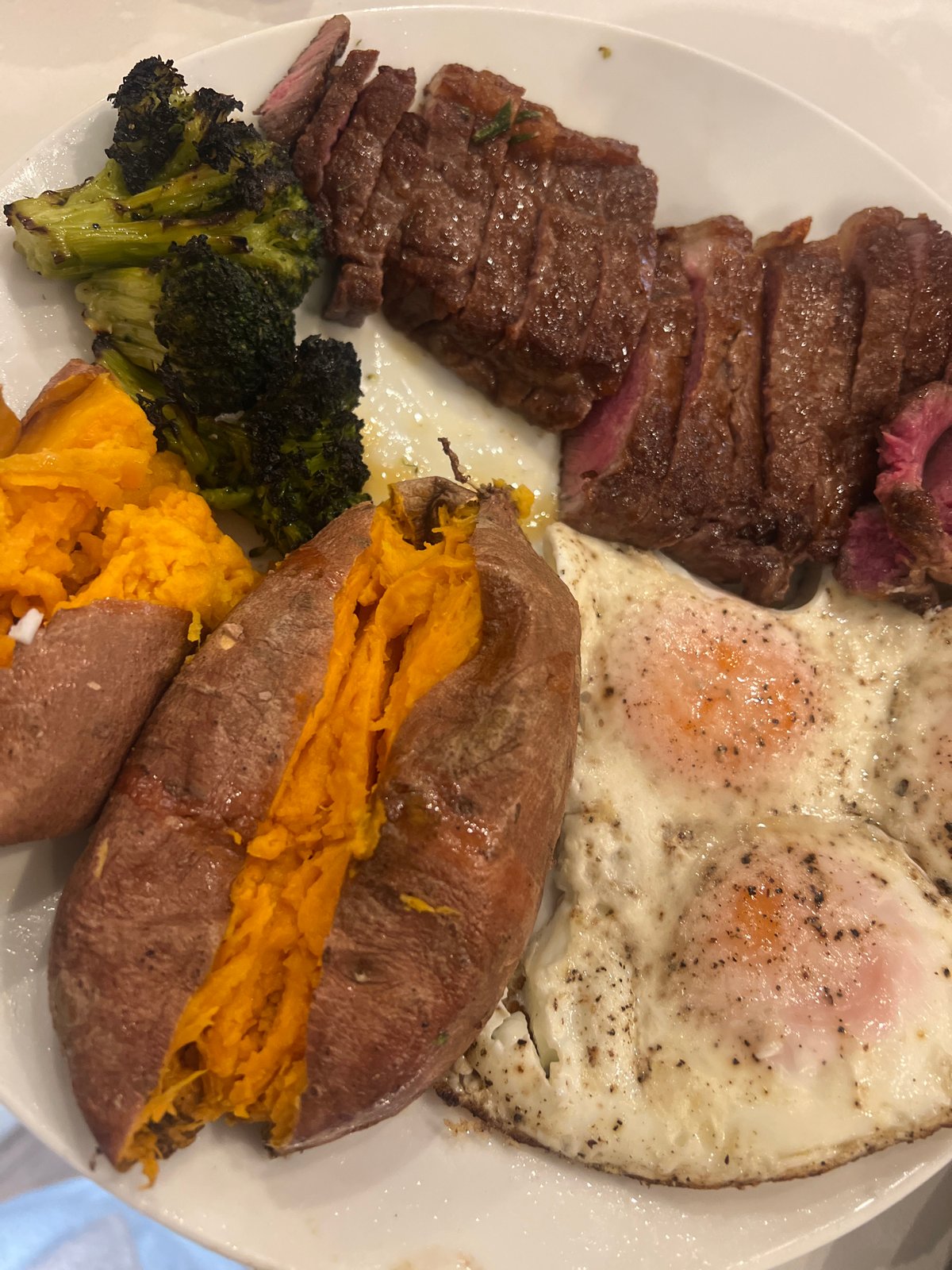 Home-cooked steak dinner preparation documented in London