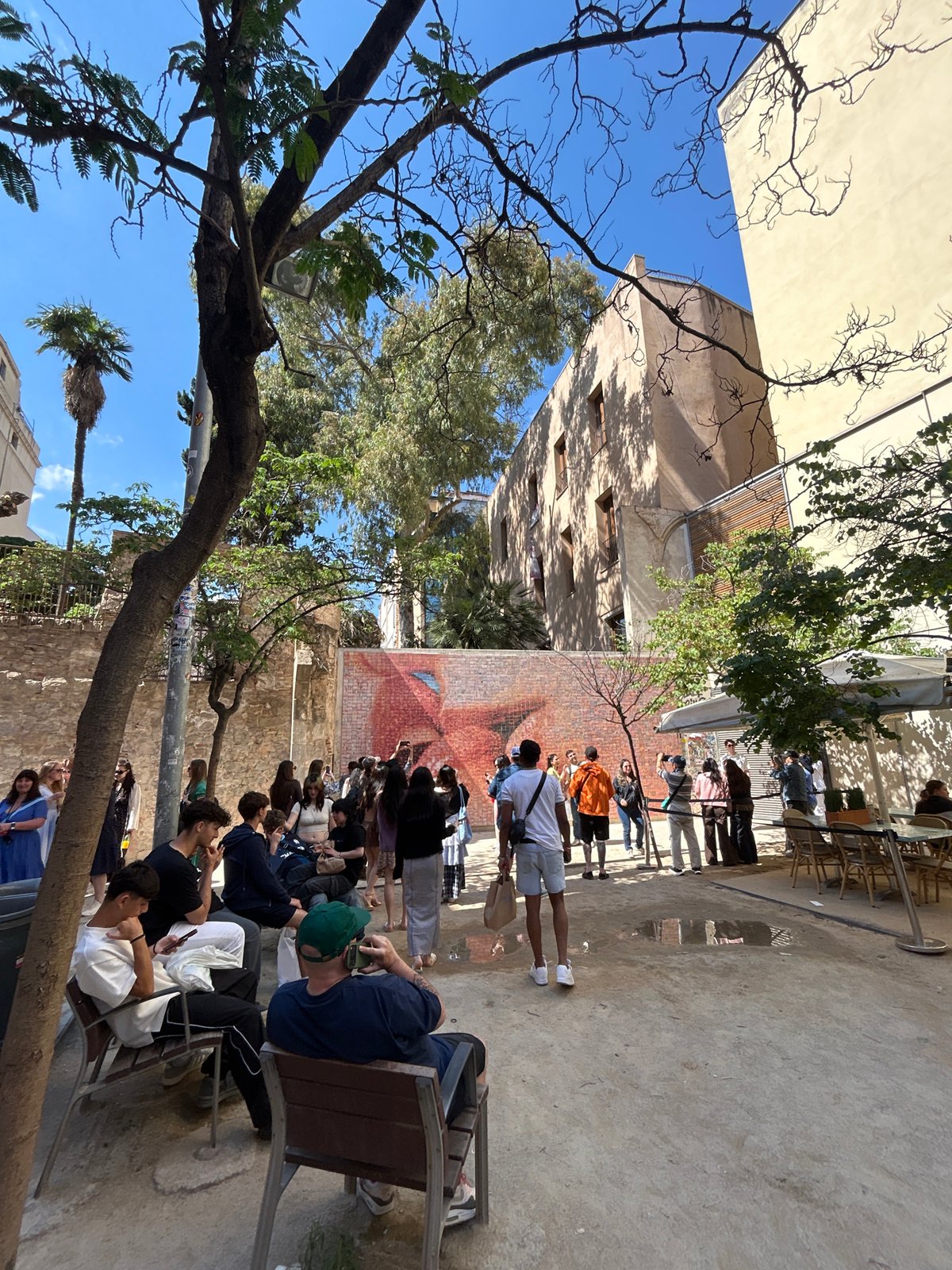 Crowds queue, photograph face mural in Barcelona courtyard