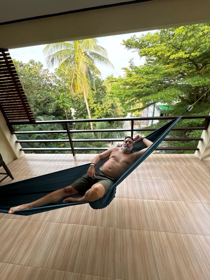 Leisure moments captured: hammock rest and outdoor dining
