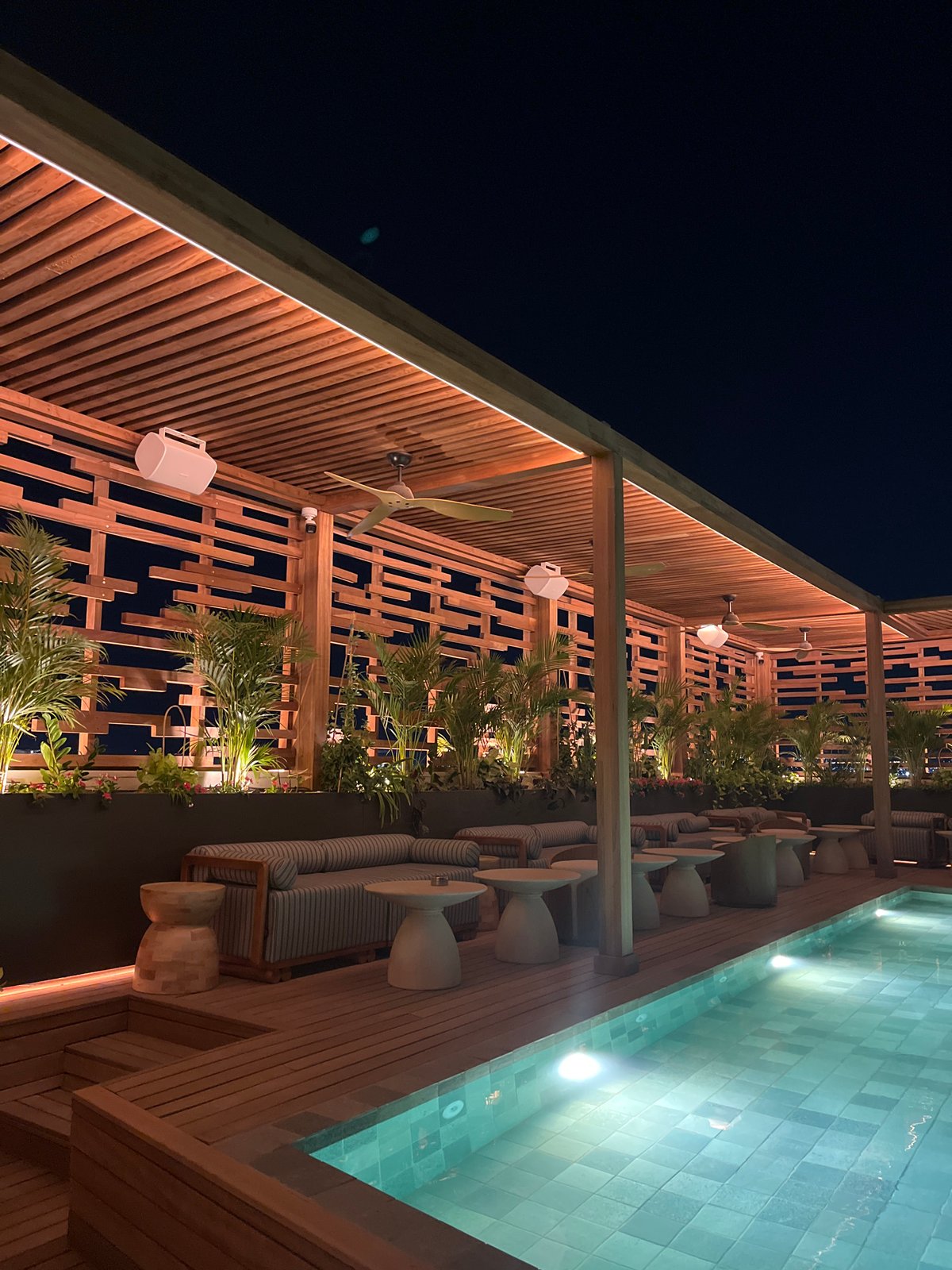 Rooftop pool and bar setup at night