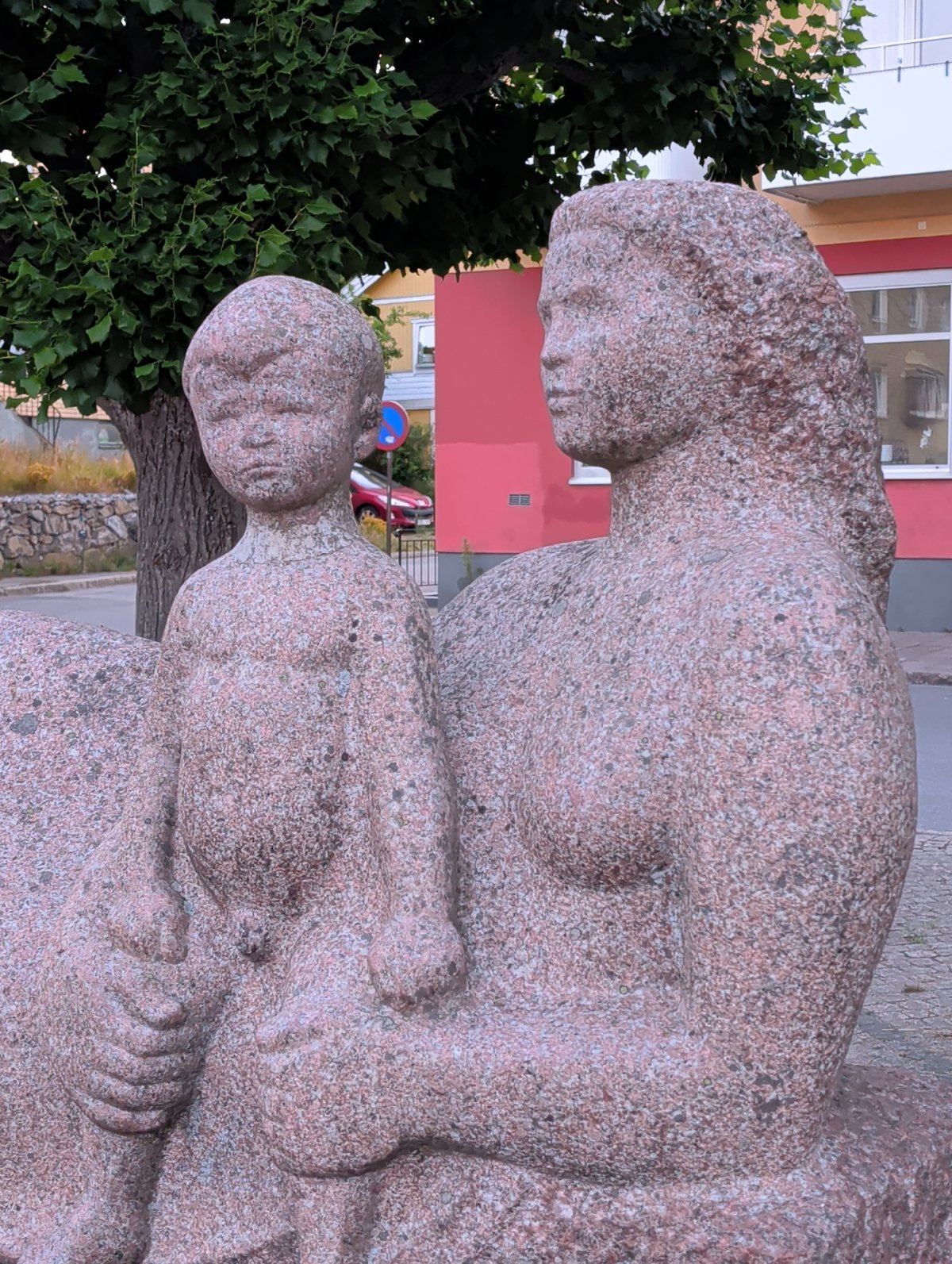 Pink granite fountain and classical architecture in Nynäshamn