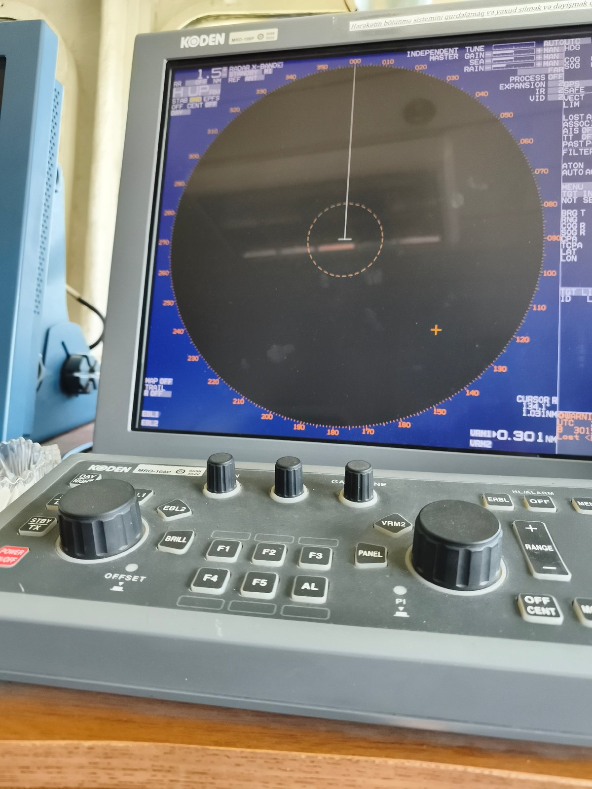 Ship navigates choppy Caspian Sea off Pirallahi, radar running