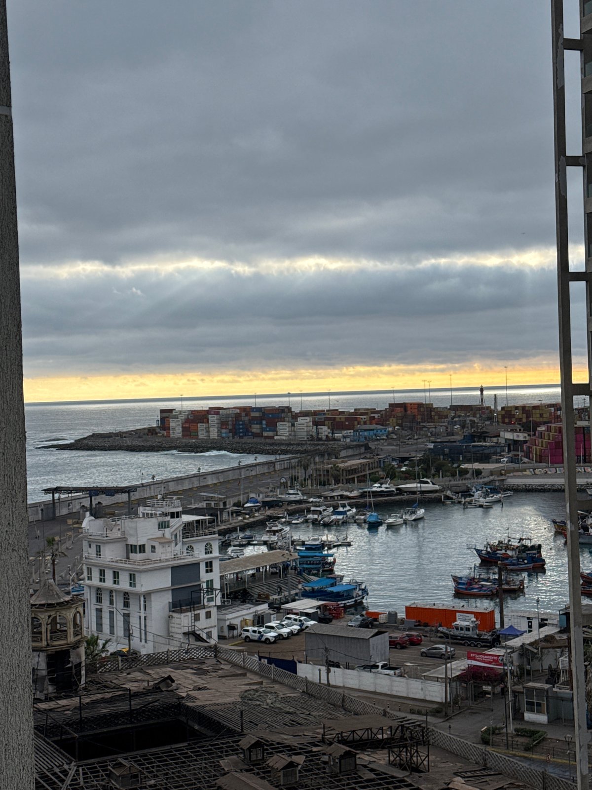 Evening views over Iquique's port from a high-rise apartment