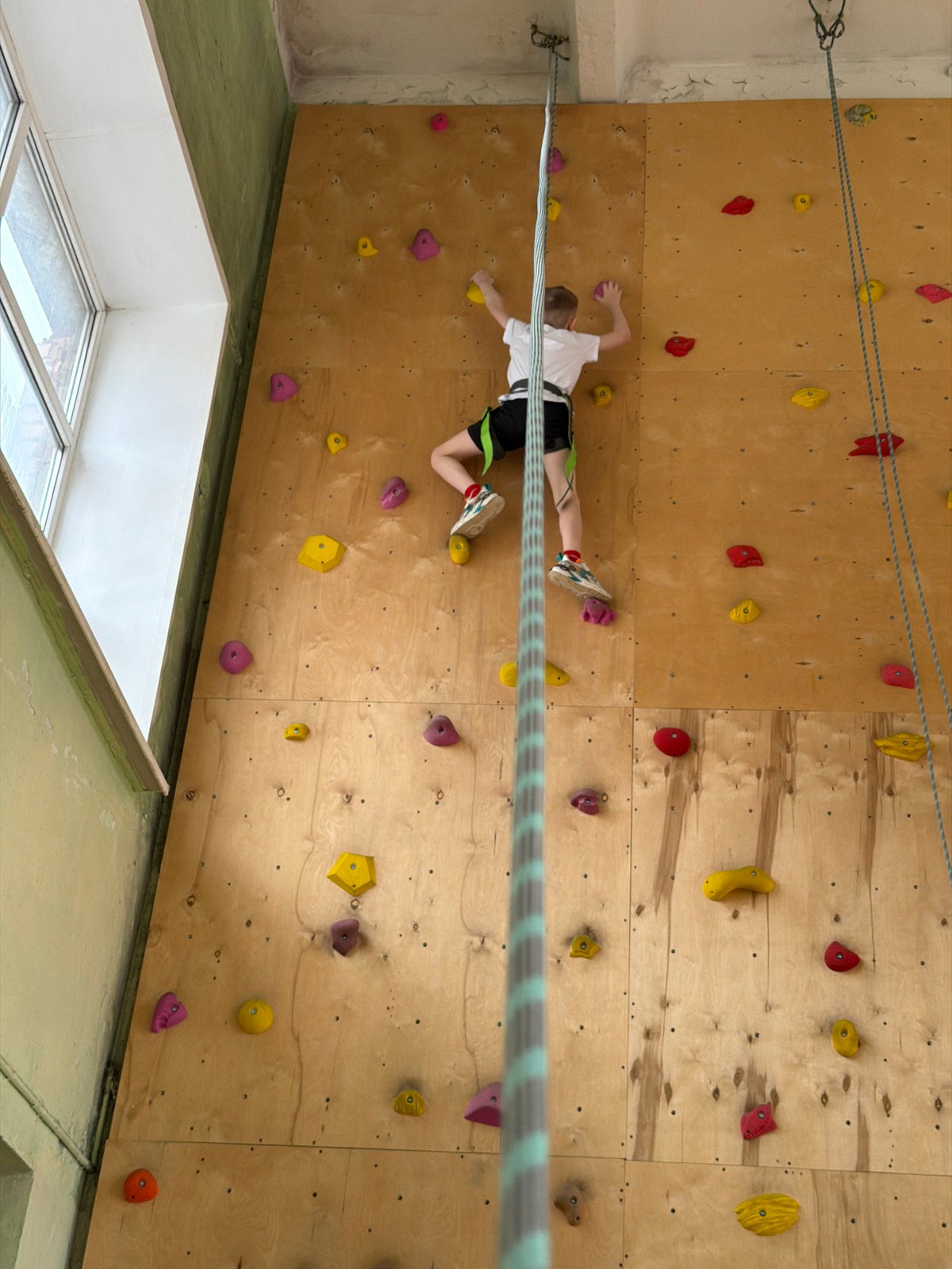 Child practices indoor rock climbing in Izhevsk facility