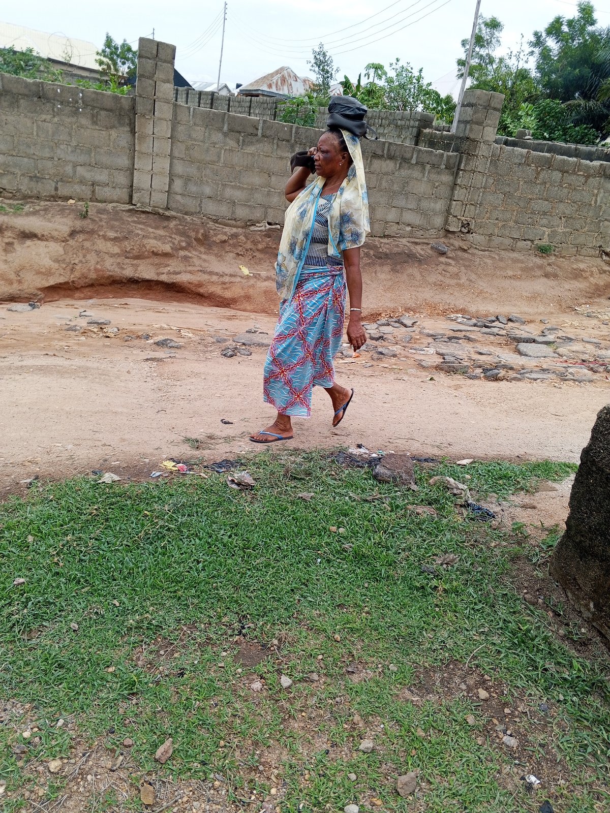 Woman carries load on dirt road in Zango-ndaji, Nigeria