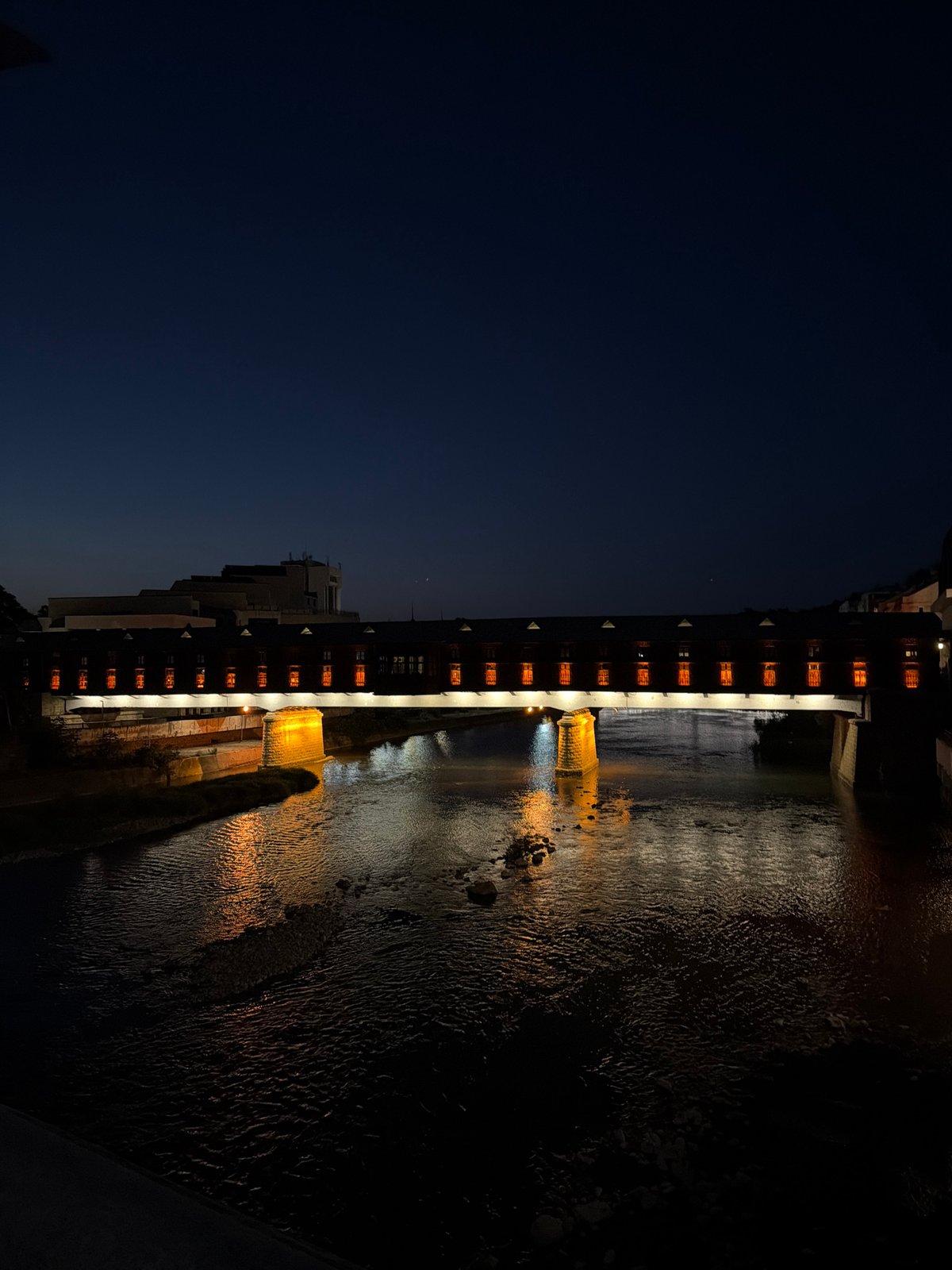 Lovech at night: covered bridge, Varosha quarter, riverside landmarks