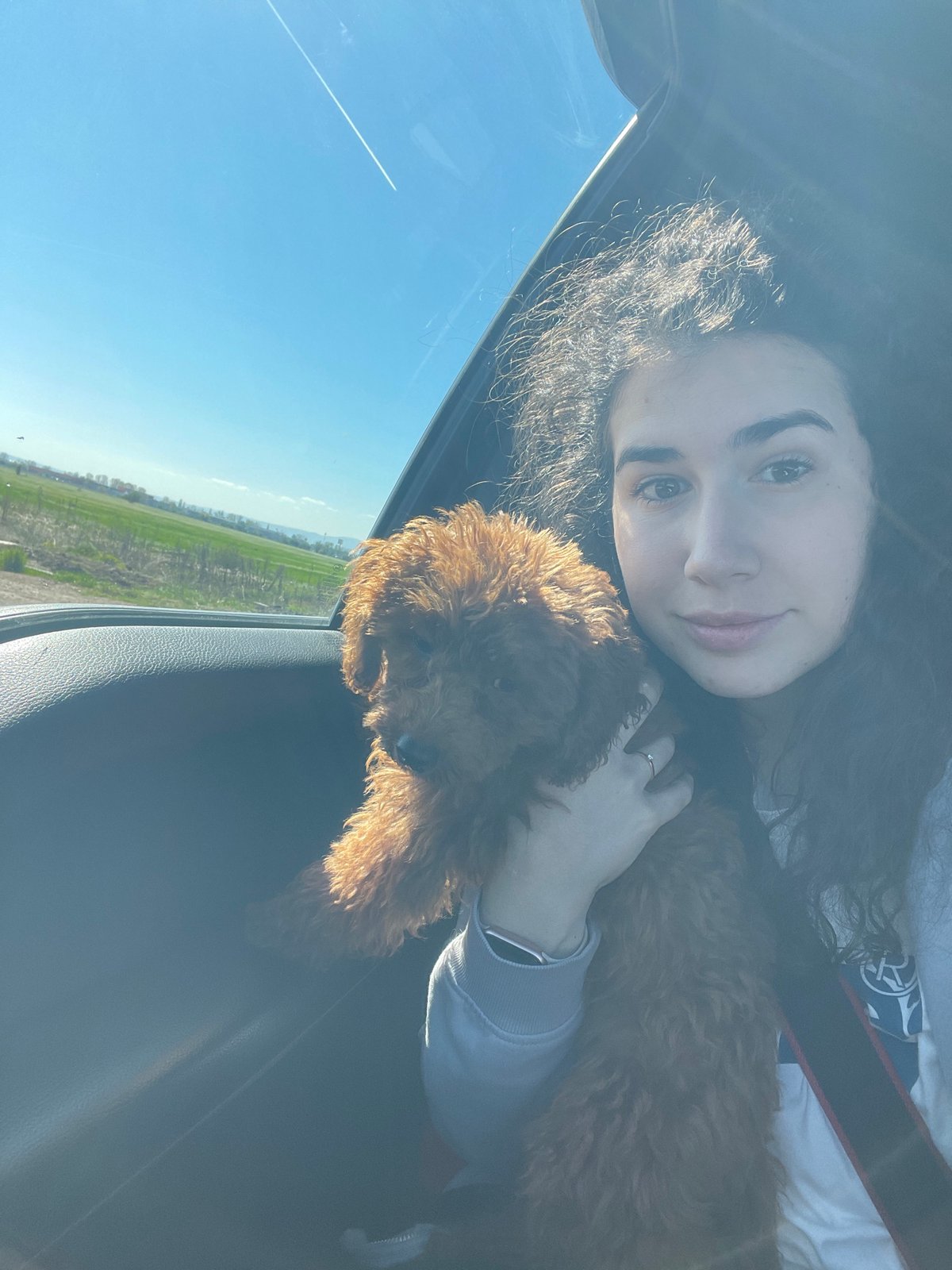 Woman and poodle enjoy car ride through Sofia countryside